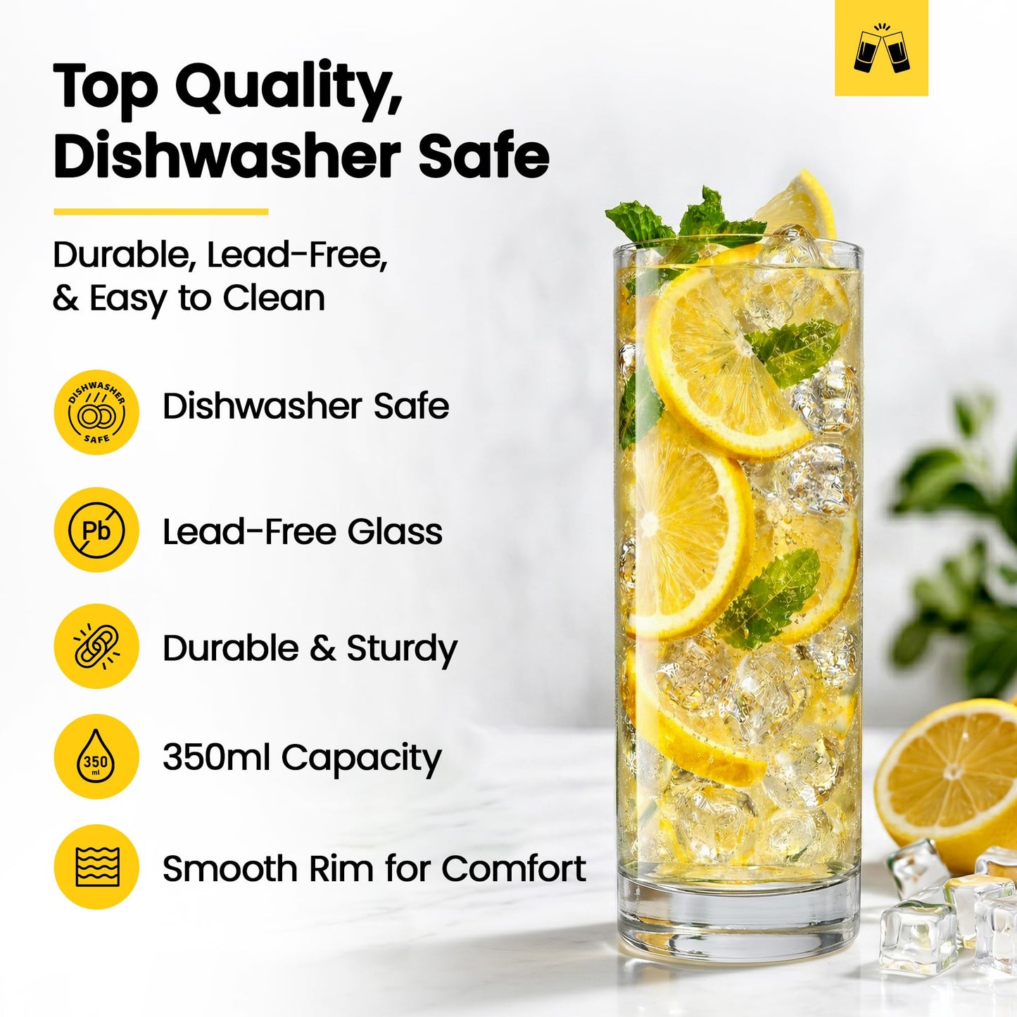LEMONSODA Highball Glasses Set of 6 | 12oz Lead-Free Glass | Dishwasher Safe Sturdy Base | Clear Crystal Glass Tumblers for Mojito Whiskey Cocktail Bar Glassware Gift Box Included