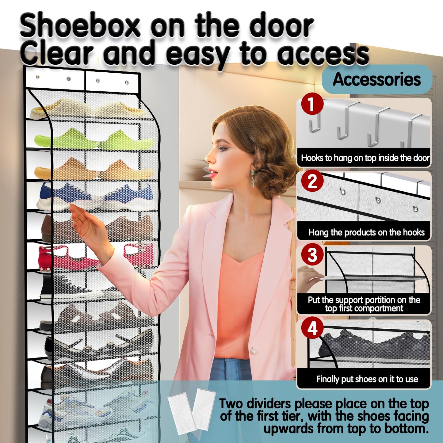 Kotkn Over The Door Shoe Organizer with 12 Large Breathable Pockets - Durable Hanging Storage for the Entire Family's Shoes (White)