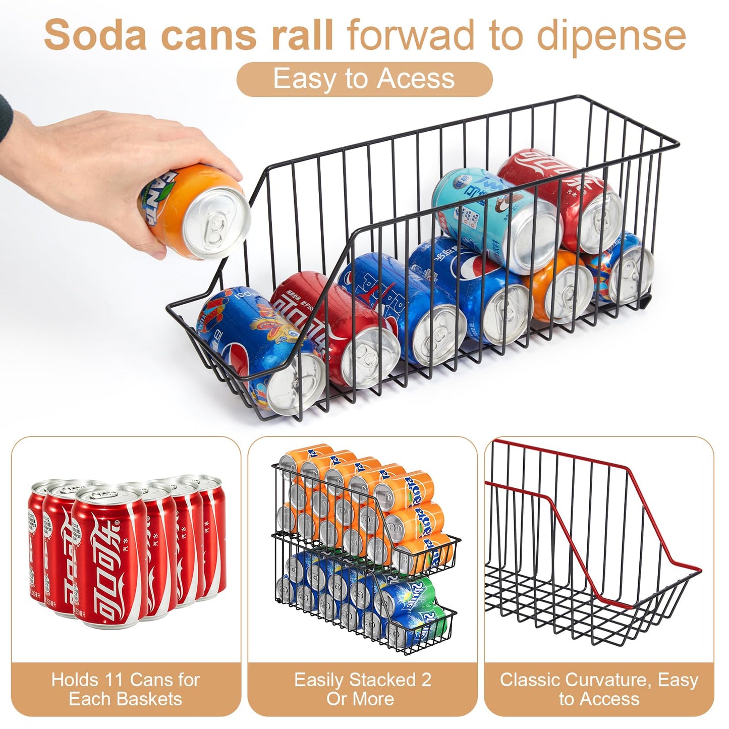 4-Tier Stackable Can Rack Organizer for Kitchen Pantry,Max Can Storage Holder,Durable Can Dispenser & Canned Goods Organizer for Fridge,Hold More 44 Cans, for Various Ounces of Canned Food Soda Drinks