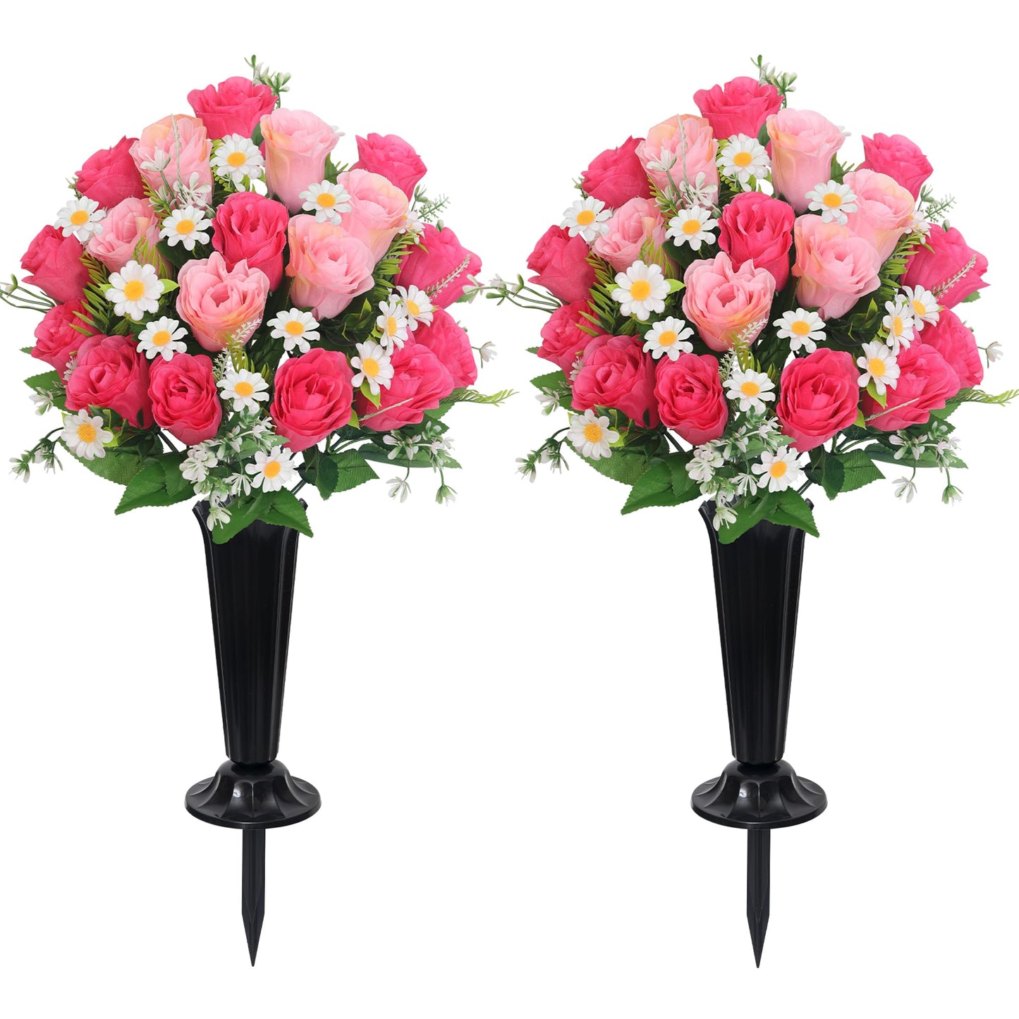 Wocst Artificial Cemetery Flowers for Grave Memorial Day Flowers for Cemetery,2Pack Artificial Silk Roses Daisy Bouquets with Cemetery Vases for Outdoor Grave Decorations ﻿ (Pink)