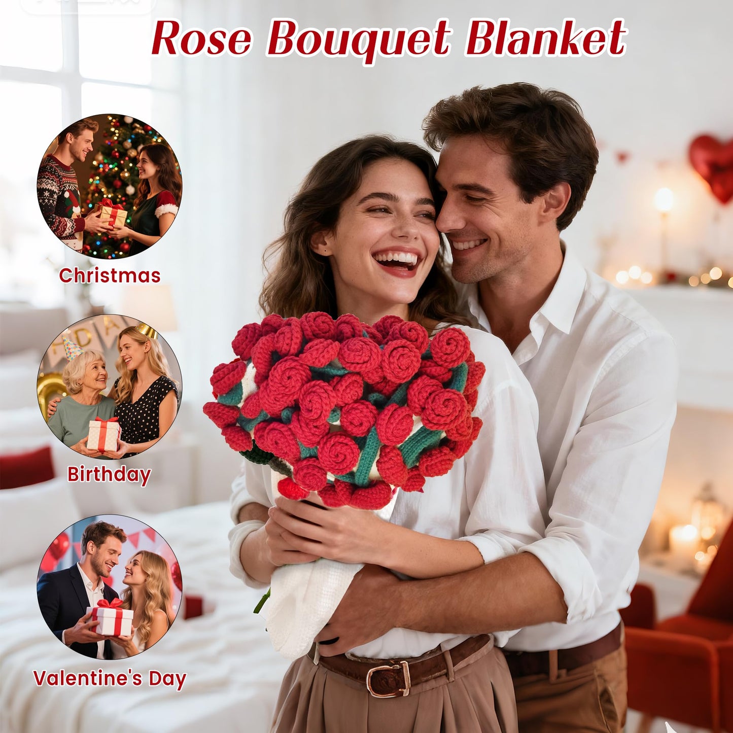 Finished Flower Bouquet Blanket, Handmade Crochet Flower Blanket, Soft Knitted Throw Rose Blankets, Romantic Gift for Birthday Wedding Valentine’s Day Mother's Day Christmas (Rose, 59 inch)