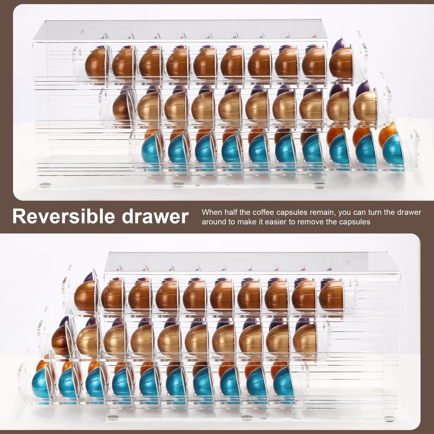 3 Layers Clear Acrylic Coffee Pod Drawer for Nespresso Vertuo 60 Pod Double Sided Pull Out Organizer