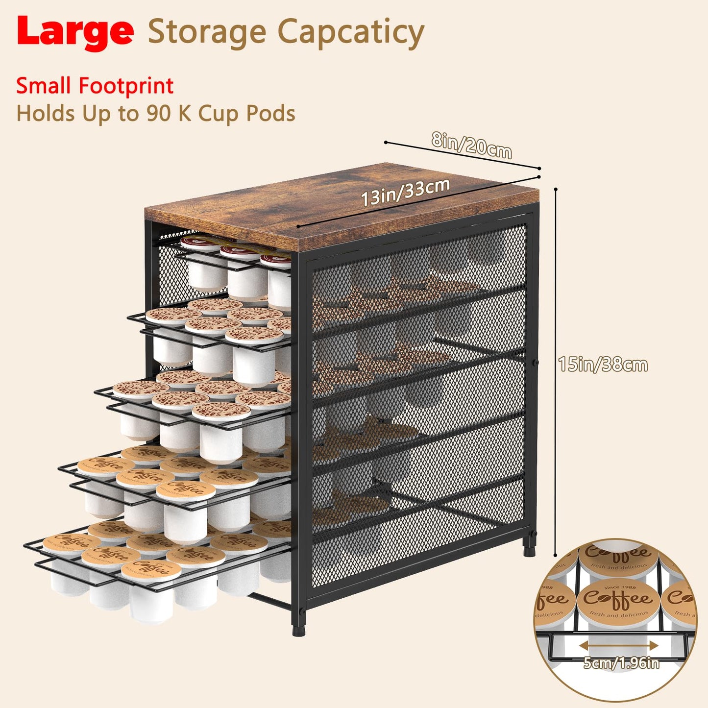 NANANARDOSO Coffee Pod Holder for Counter, 5 Tier Coffee Pod Drawer for Keurig Pod Storage Drawer Holder, 90 Capacity Pods Storage Organizer Cups Capsule with Sliding Baskets for Coffee Station