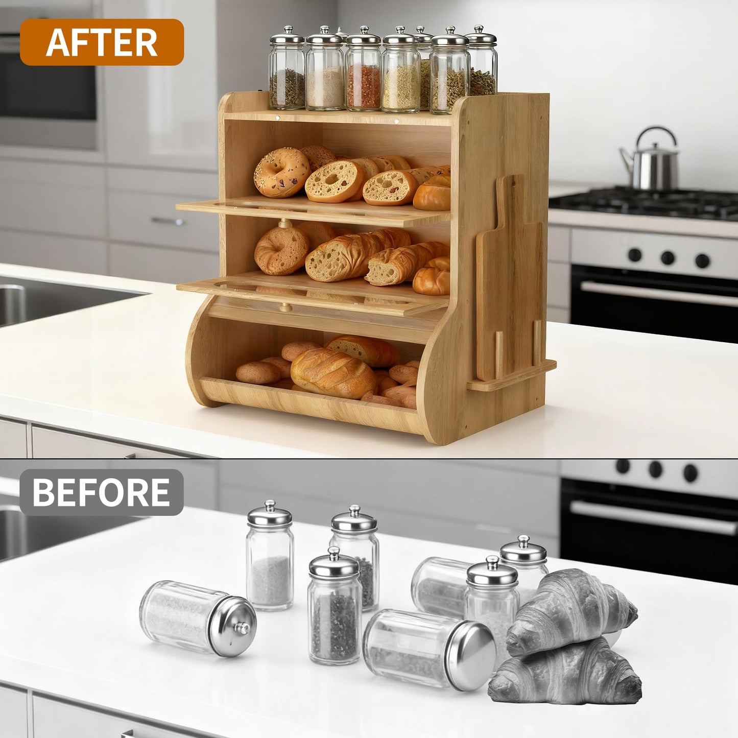 Coolfat Bread Box for Kitchen Countertop, 3 Tier Large Capacity Breadbox, with Window, Cutting Board Rack and Knife Holder, Bamboo Bread Container, Under Cabinet Organizer