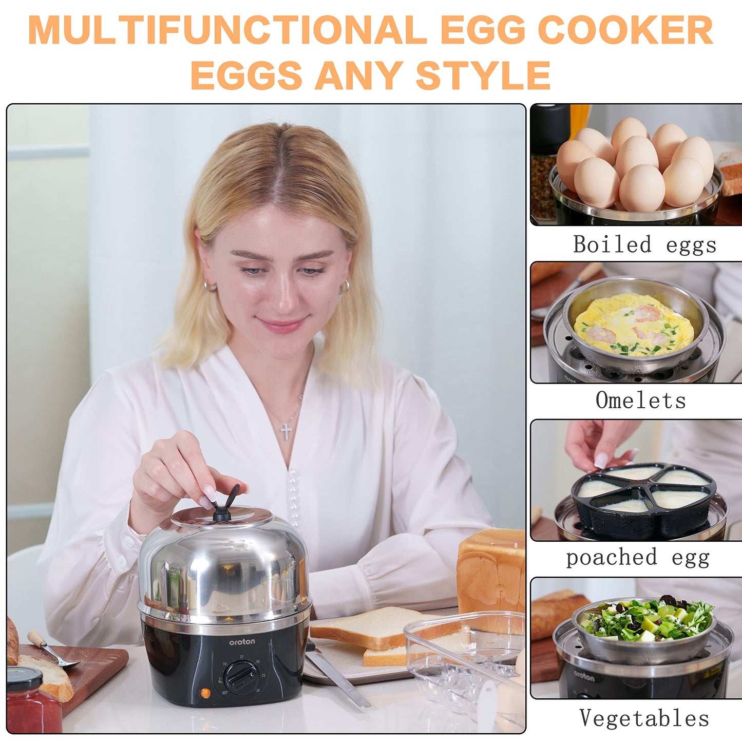 Oroton 304 stainless steel inside and outside Rapid Egg Cooker, 9 Egg Capacity Electric Egg Cooker for Hard Boiler Eggs,Poacher Eggs,Scrambled Eggs,Hard Boiled Auto Shut-Off,30 Minutes Timer Settings