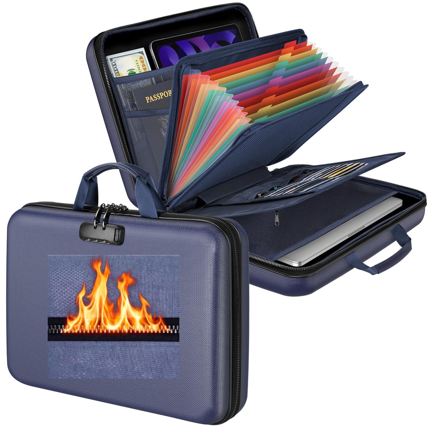 Fireproof Document Organizer Bag, 5200℉ File Organizer Safe Box, Hard Shell Document Bag with 13 Pocket Accordion File Folder (5200℉-Blue)