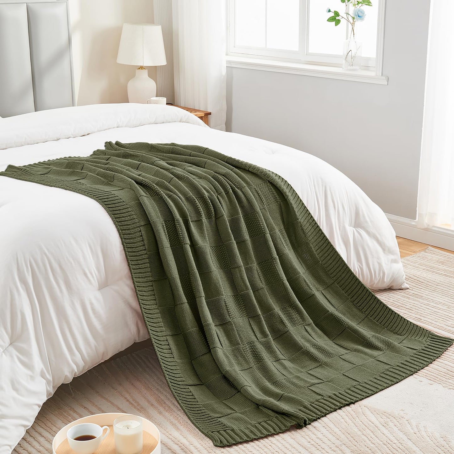CozeCube Check Knit Throw Blanket, Olive Green Checkered Throw for Couch, Decorative Christmas Soft Cozy Warm Knitted Blanket for Bed Sofa Living Room, 50"X60"
