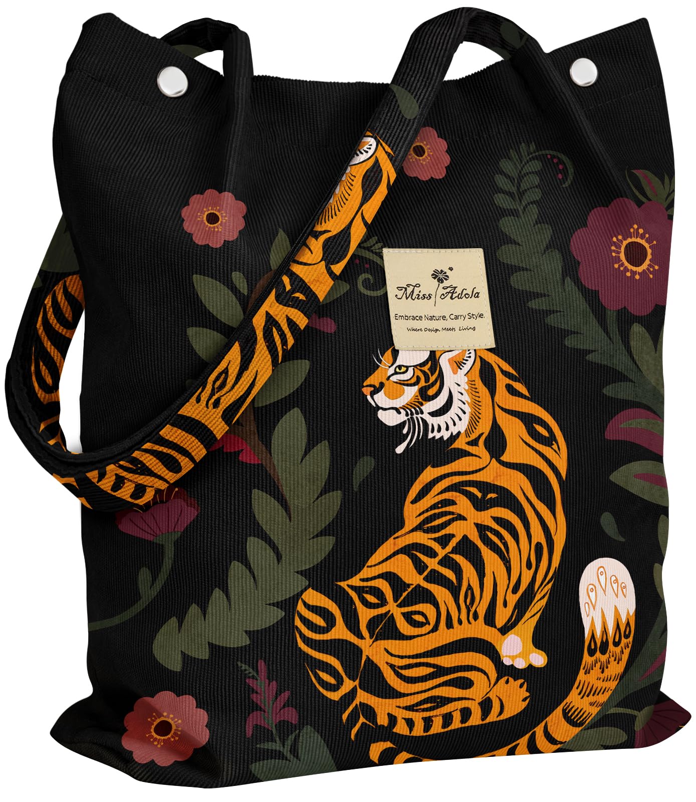 Miss Adola Cute Corduroy Tote Bag - Reusable Totes with Magnetic Buckle & Pocket Aesthetic Design Corduroy Women's Handbags for Work Travel Shopping Grocery Bags, Tiger Flower
