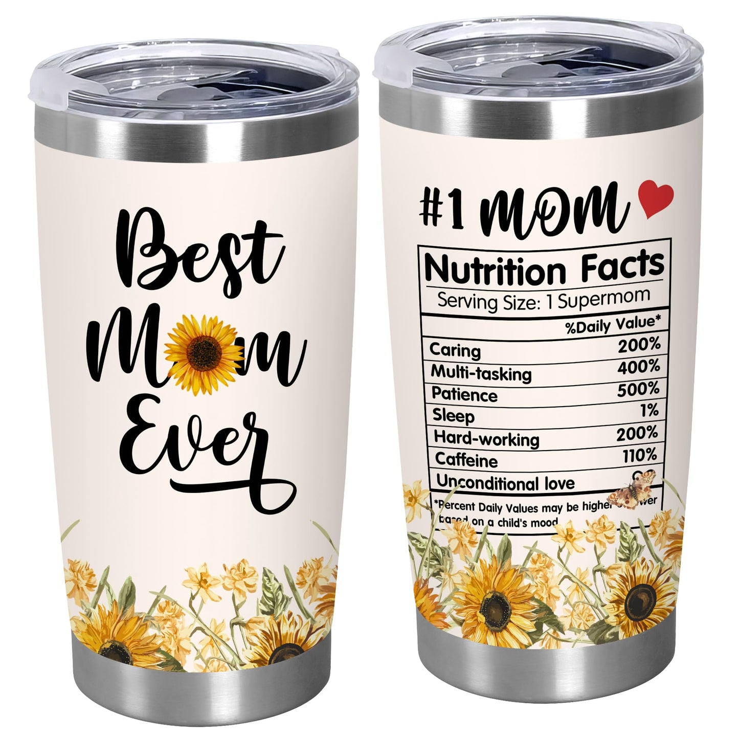 TEEZWONDER Mothers Day Gifts for Mom from Daughter Son - #1 Nutrition Facts Sunflower Stainless Steel Insulated Coffee Tumbler with Lid 20 oz - Birthday Gifts for Mama Grandma Women
