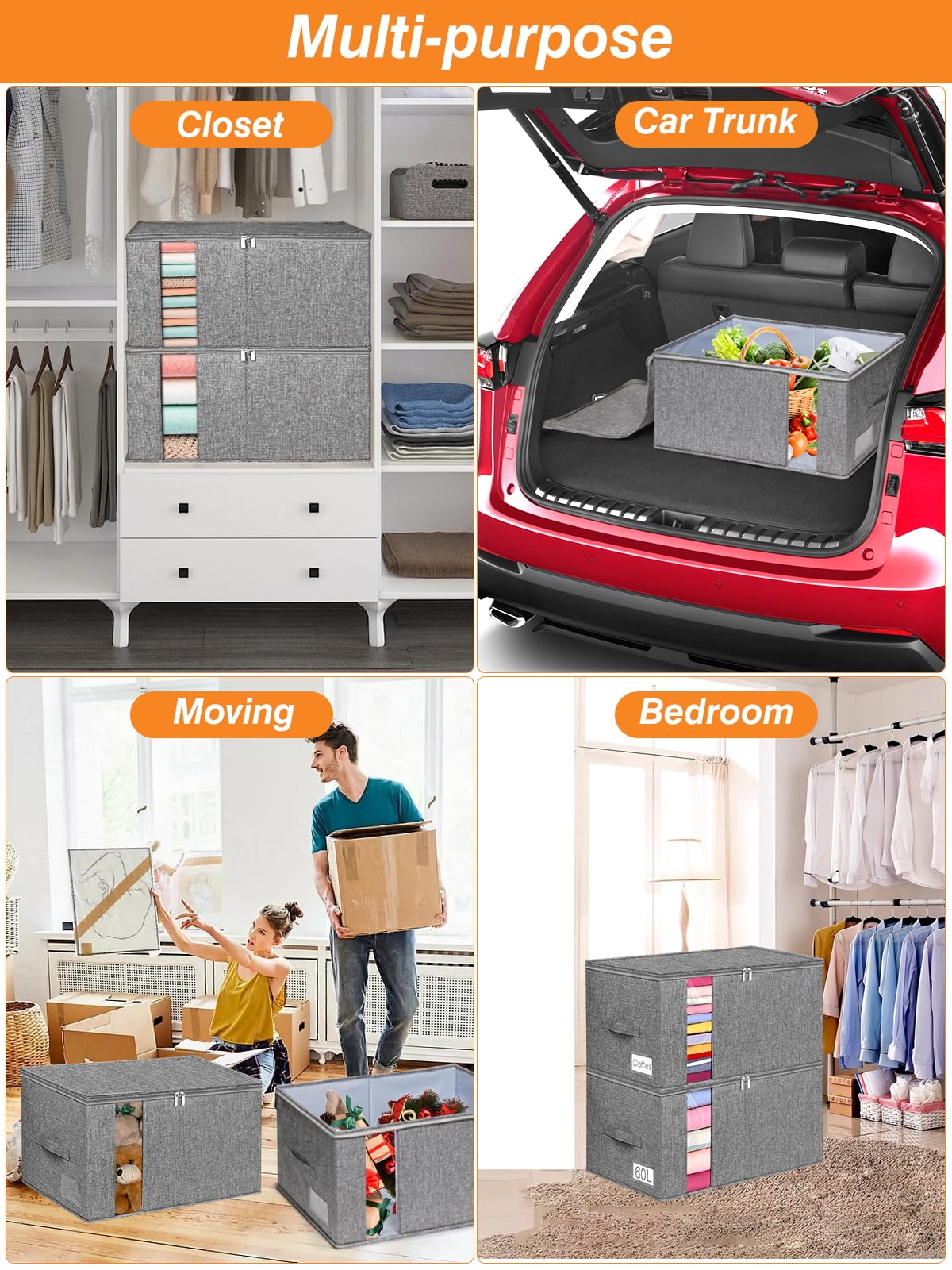 boailydi 60L Blanket/Comforter Storage Bag w/Rigid Side & Bottom Support, Stackable Clothes Storage Bin for Sweaters Bedding Sets Quilts Pillows, Closet Organizer, 21.7x14.2x11.8in, 2 Pack, Gray