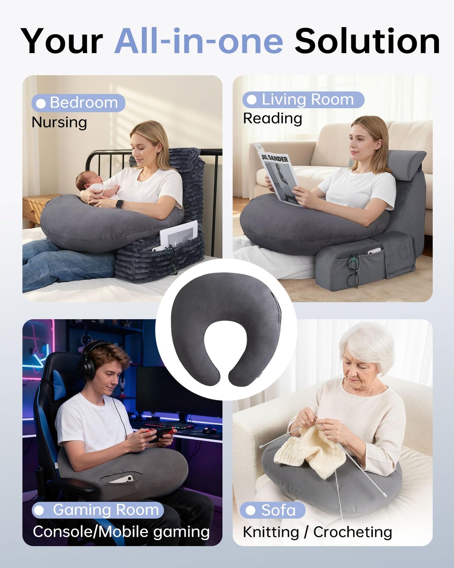 ENITYA Extra Large Ergonomic Gaming & Reading Pillow with Arm & Elbow Support,U-Shaped Lap Pillow for Crocheting,Knitting,Nursing,Working,or Sitting in Bed or Sofa,Washable Suede Cover (Grey)