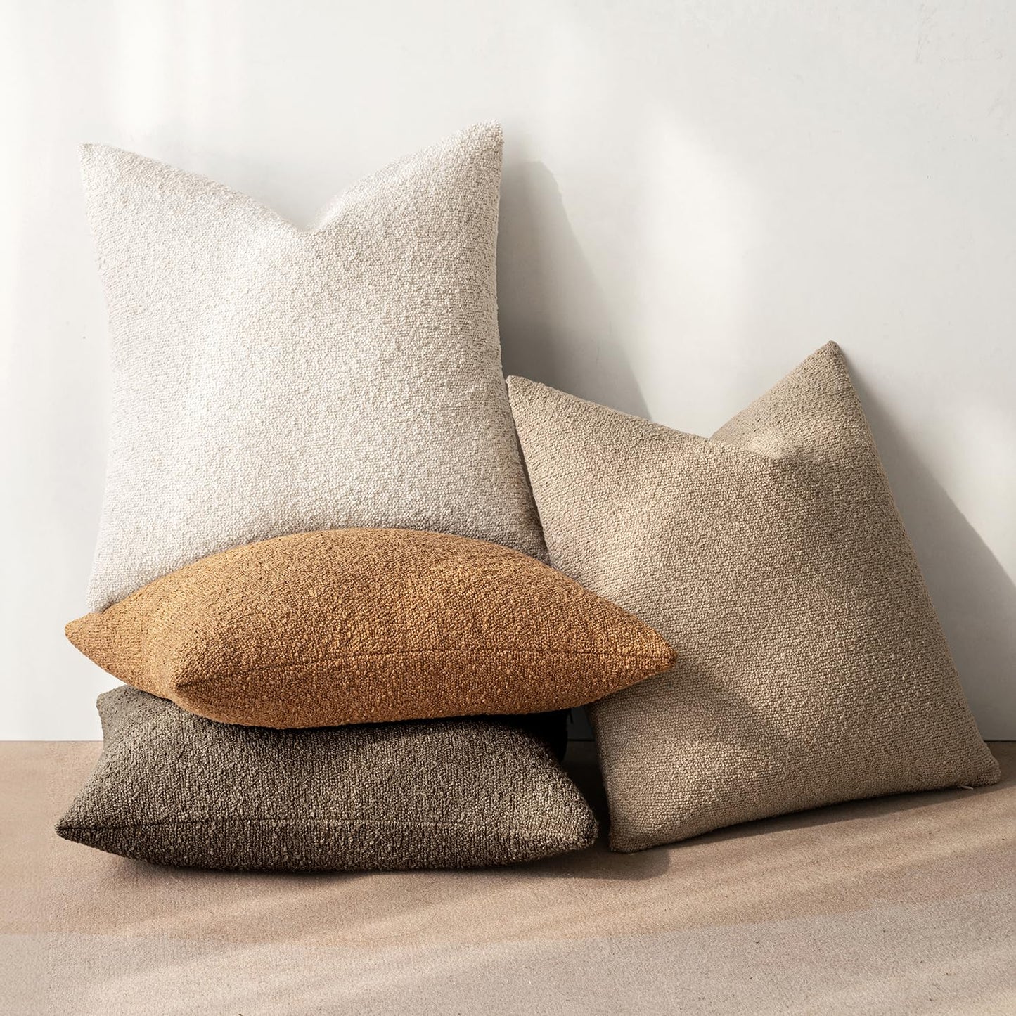 MIULEE Pack of 4 Decorative Textured Boucle Throw Pillow Covers 18x18 Inch Neutral Brown Accent Solid Pillow Cases Couch Cushion Covers for Modern Farmhouse Boho Chair Sofa Bed Room Home Decor