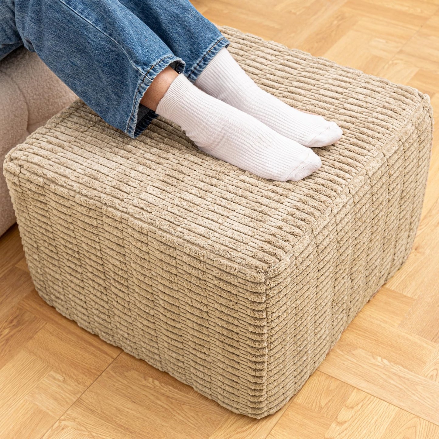 Asuprui Round Square Pouf Ottoman Foot Rest – Lightweight Modern Footstool with Plush Foam Filling, Perfect for Living Room Decor & Cozy Comfort – 20x20x14 Inch Chic Accent Piece (Light Coffee)