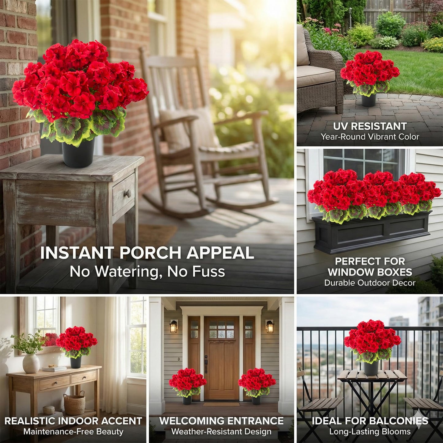 lovemoon 2 Pcs Geranium Potted Artificial Flowers, 19" Fake Geraniums Plants UV Resistant Silk Potted Plants for Outdoor Home Décor Office Porch Garden Decor (2, Red)