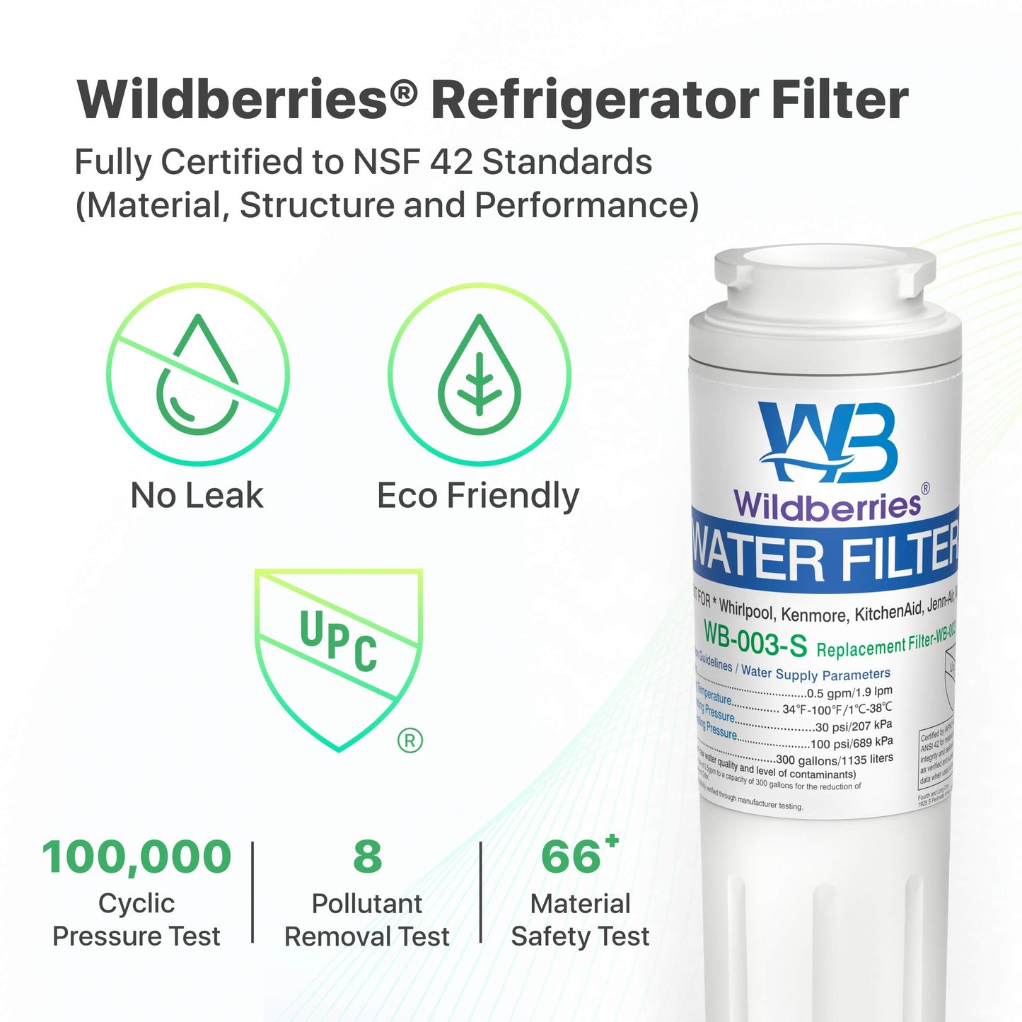 Wildberries UKF8001 Refrigerator Water Filter 4 Replacement for Whirlpool®, EveryDrop® EDR4RXD1, WHR4RXD1, 4396395, WRF535SWHZ00 to WRF535SWHZ10, WRF555SDFZ00 to WRF555SDFZ15, FMM-2, 46-9006, 2-PACK