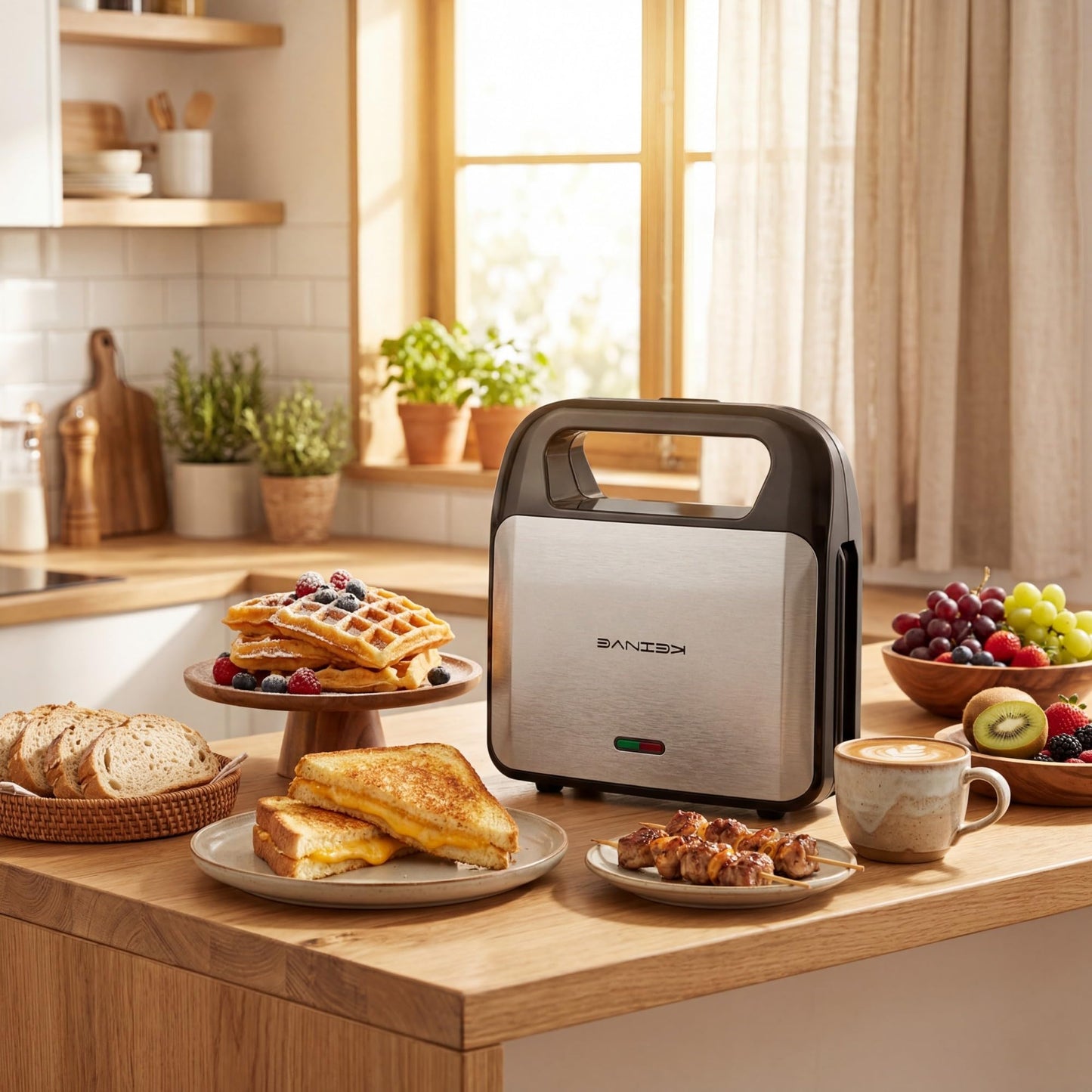 KEINVE 3-in-1 Sandwich Maker, Waffle Maker and Panini Press Grill, 800W Electric Breakfast Machine with 3 Detachable Non-Stick Plates, LED Indicator Lights, Cool Touch Handle with Latch, Black