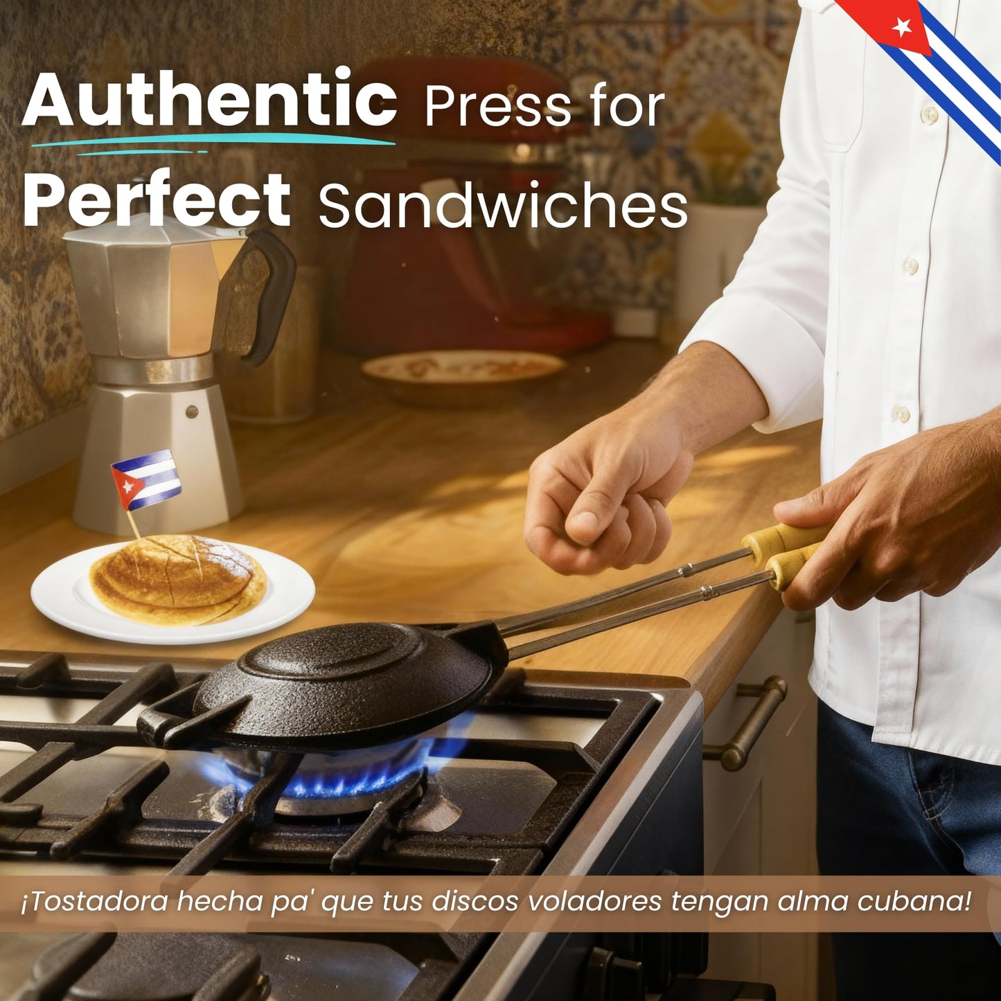 Disquera de Pan Cubano Redondo (1 Unit) – Cast Iron Cuban Sandwich Press for Disco Volador Para Sandwich – 15” Traditional Sandwich Maker with Wooden Handles