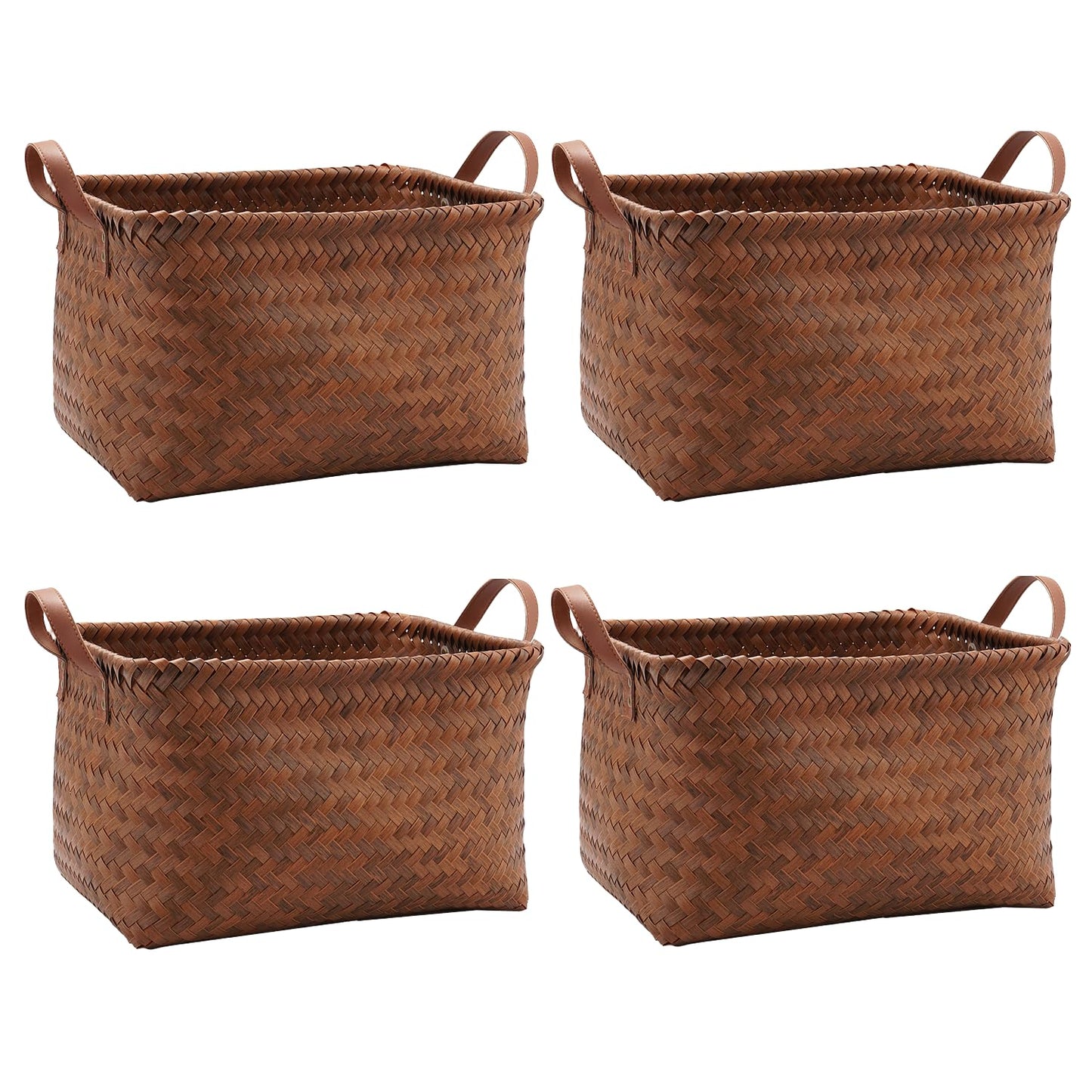 GIB Large Wicker Storage Baskets for Shelves, Woven Baskets for Organizing Blanket Clothes, Laundry Closet Storage Bins Organizer with Handles, Brown, 4 Pack