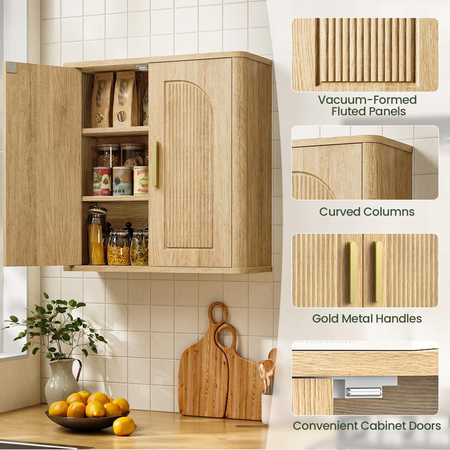 CHOEZON Bathroom Wall Cabinet, Bathroom Storage Cabinet, Medicine Cabinet with Adjustable Shelves and Fluted Doors, Over Toilet Storage Cabinet, for Bathroom, Bedroom, Kitchen, Living Room, Natural