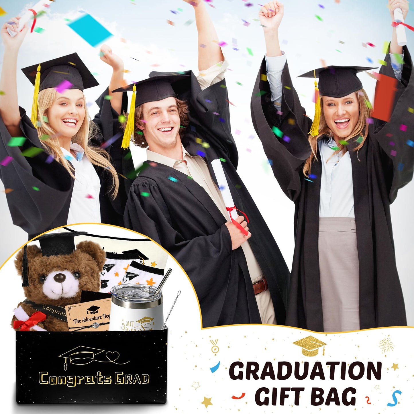 U-Zomir Graduation Gifts for Her, College & High School Graduation Gifts for Women with Plush Bear Bracelet Socks Greeting Card and Tumbler, Class of 2026 Graduates Gifts Box Set