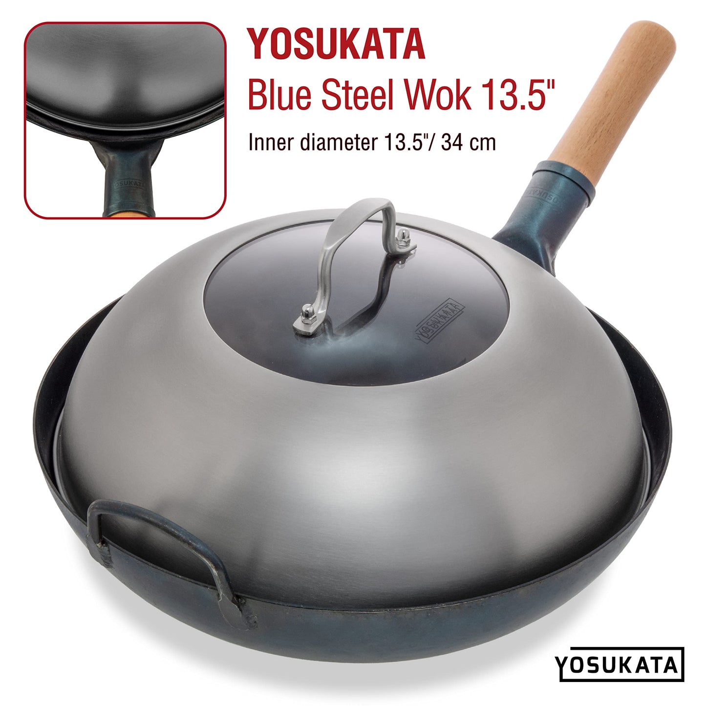 YOSUKATA Wok Lid 12.8 In for 13.5-In Wok - Premium Stainless Steel Cover with Tempered Glass Insert Steam Holes and Ergonomic Handle - Durable Stainless Steel Accessories - Dishwasher-Safe