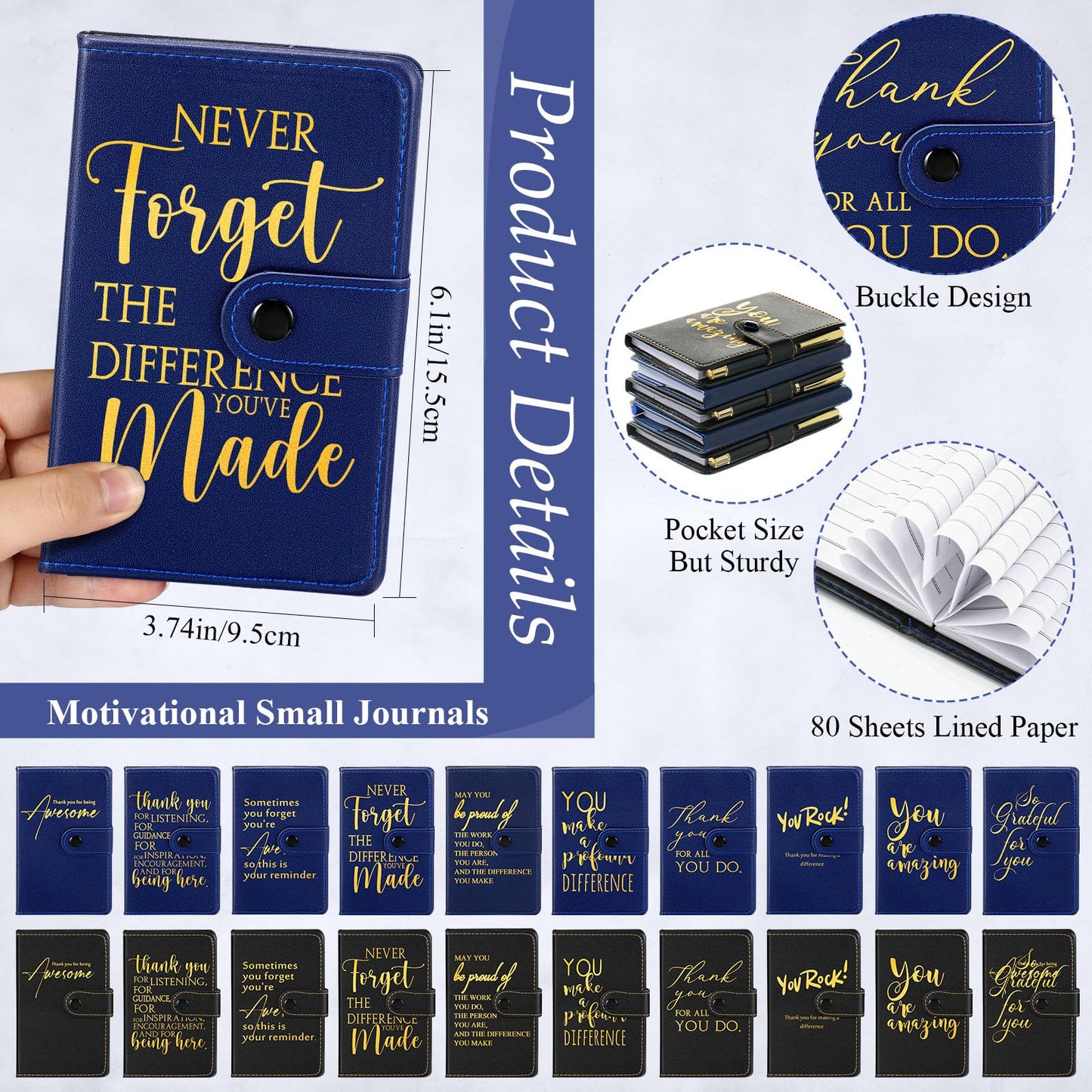 Dispowreath 20 Sets Thank You Leather Journal Notebook with Inspirational Ballpoint Pens Fathers Day Teacher Nurse Employee Gift for Police Officer Men Coworker Team (Black and Blue,Appreciation Sign)
