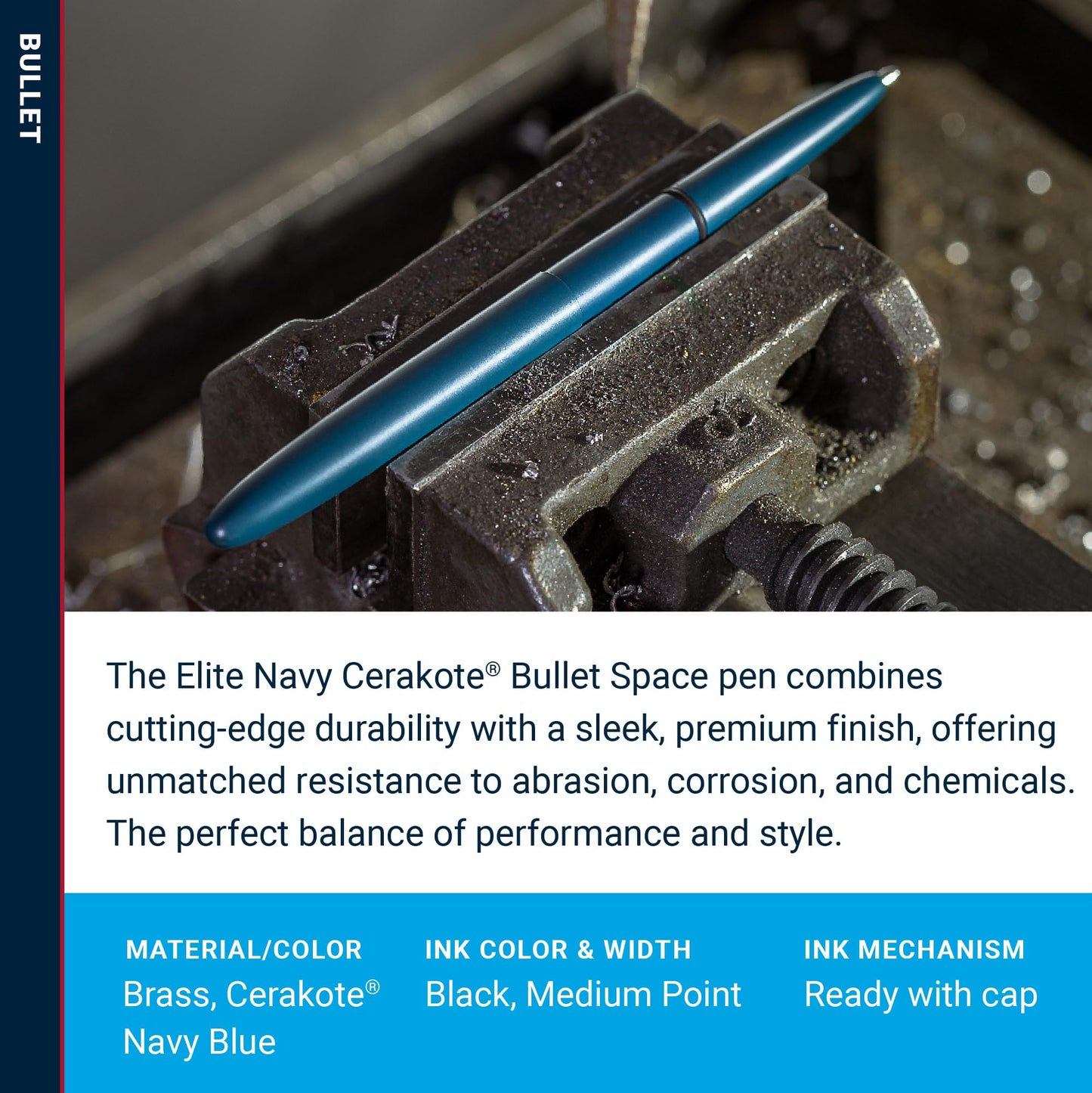 Fisher Space Pen Elite Navy Blue Cerakote Finish Bullet Pen, Pressurized Ballpoint Pen, Compact Size, Writes Upside Down, Extreme Temperatures, Black Ink, Medium Point, Made in the USA