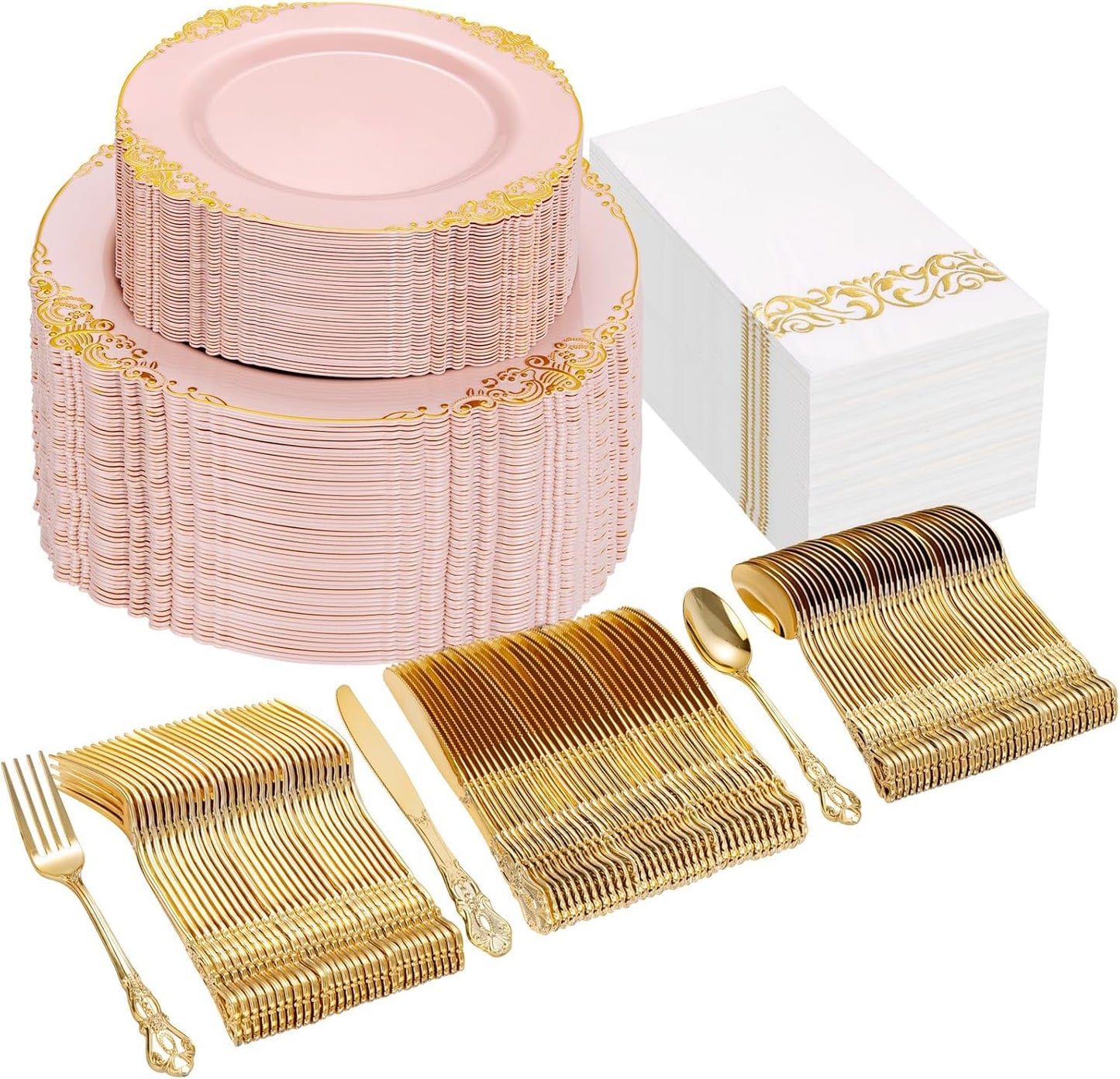 Ciaell 300PCS Pink and Gold Plastic Plates - Pink Disposable Dinnerware Sets for 50 Guests - 100 Plates, 50 Knives, 50 Forks, 50 Spoons, and 50 Napkins for Wedding, Party