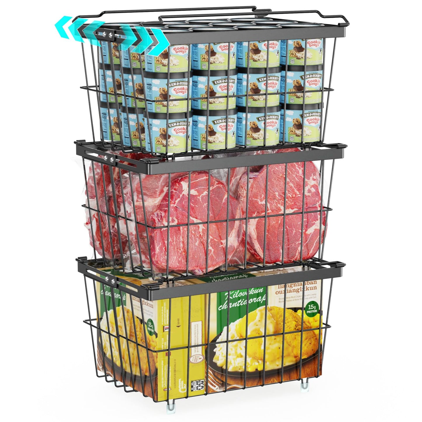 GSlife Freezer Organizer Bins - 3 Pack Large Deep Freezer Organizer Bins Expand to Fit 5 to 7 Cu.ft Chest Freezer, Stackable Wire Storage Bins with Handles Easy Access, Scratch Resistant, Black