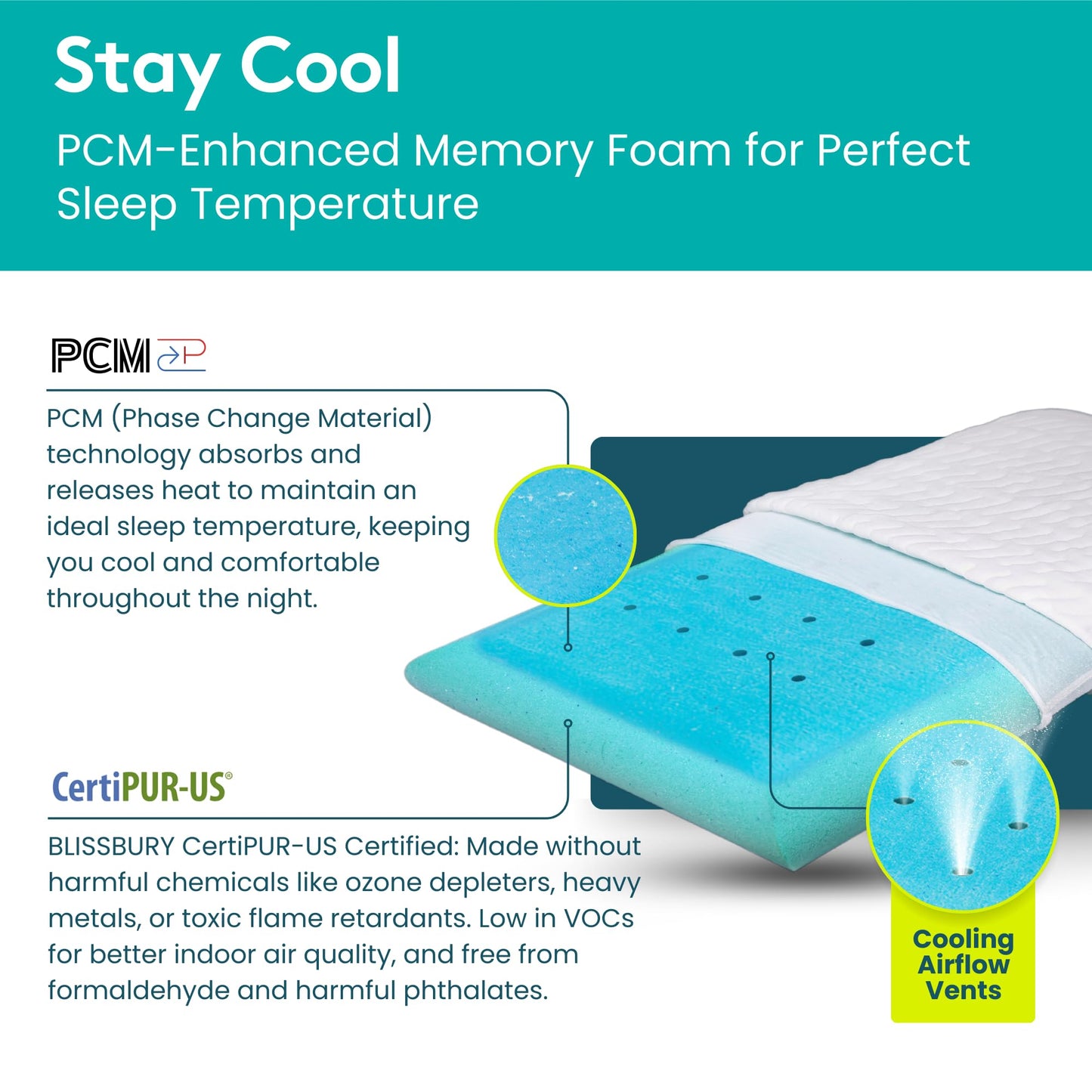 BLISSBURY Cooling Memory Foam Pillow, 2.6 Inch Thin, for Stomach & Back Sleeper, Queen Size, Removable Cool-Tech Cover, CertiPUR-US Certified