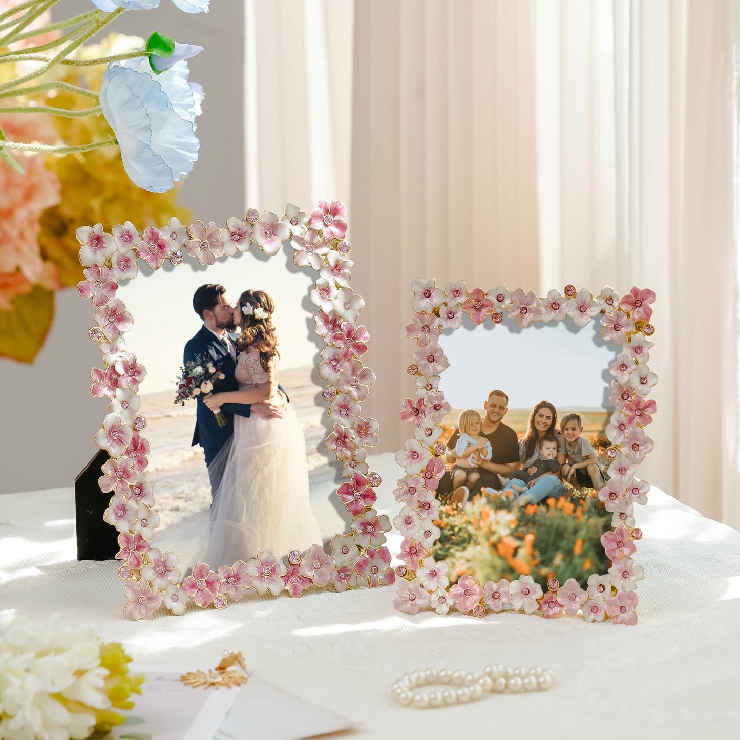 Synovana Pink Flower Picture Frame 4x6 Blossom Photo Frame for Tabletop Display, Decorative Flower Design Home Decor