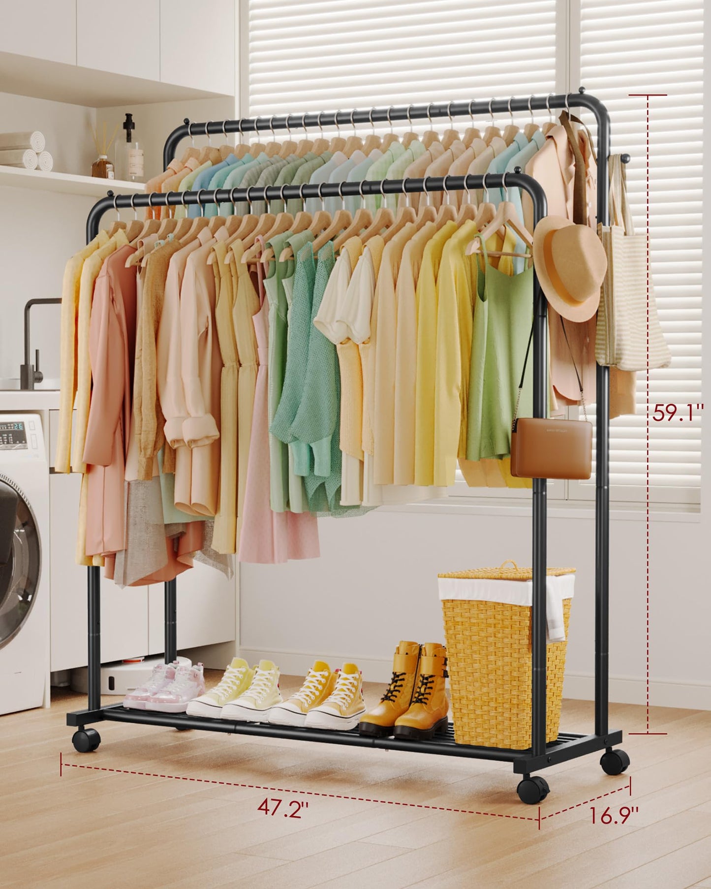 Sakugi Clothes Rack - Double Rods Clothing Rack with Mesh Shelf, Hooks & Wheels, Metal Clothing Racks for Hanging Clothes & Bags, Multifunctional Garment Rack for Laundry, Black, 47.2" x 16.9" x 59.1"