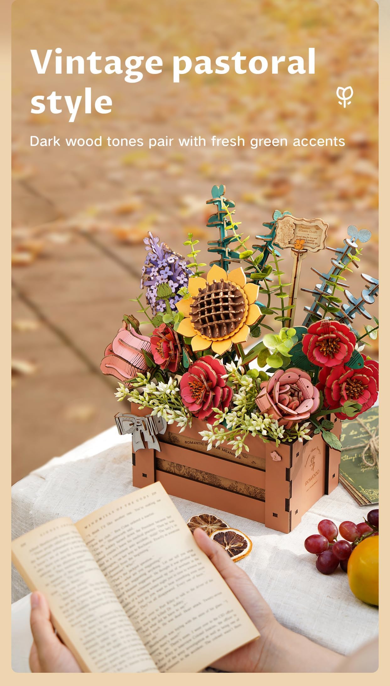 rowood 3D Puzzles for Adults,Mother's Day Wooden Flower Bouquet Building Set,DIY Artifical Flowers Botanical Collection,Adult Craft Kit as Christmas Birthday Valentine Gift-Wooden Bloom Box