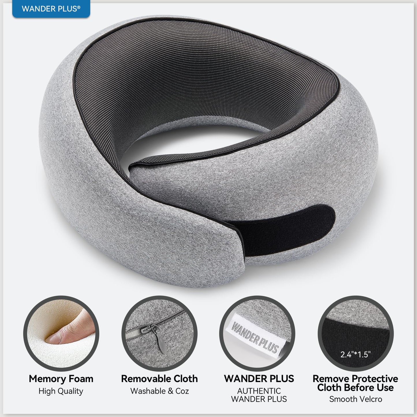 WANDER PLUS® Travel Neck Pillow, Pure Memory Foam Neck Pillow for Airplanes, Comfortable Breathable Cover, 360 Degree Support Ergonomic Design Best for Sleeping Plane Train Travel Essentials Max Grey
