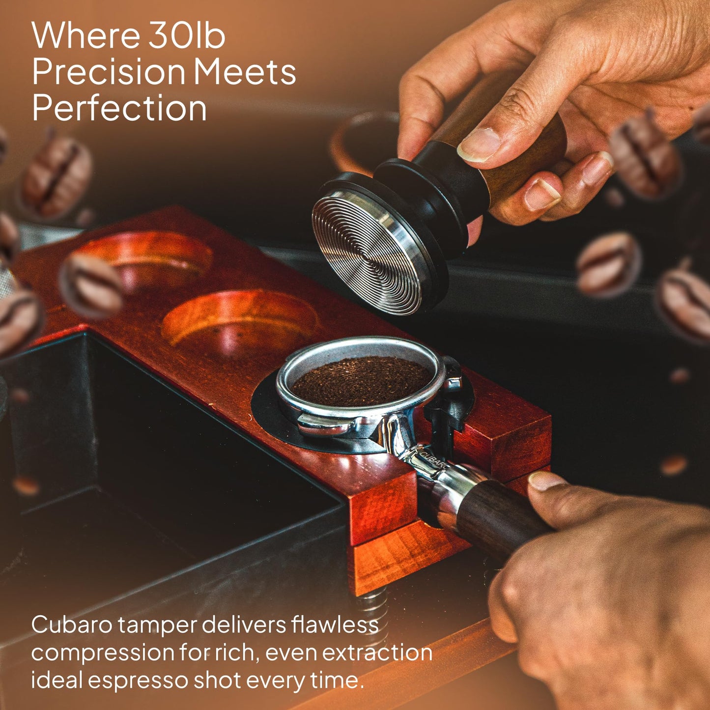 CUBARO 53.3mm Calibrated Espresso Tamper - 30lb Spring Loaded Auto-Leveling Coffee Tamper with Walnut Handle & Ripple Stainless Steel Base for 54mm Portafilters