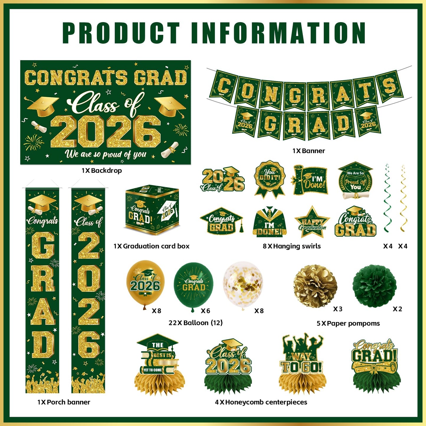 2026 Graduation Decorations - Green Congrats Grad Party Supplies include Card Box, Backdrop, Banner and Balloons for Class of 2026 Decorations Set