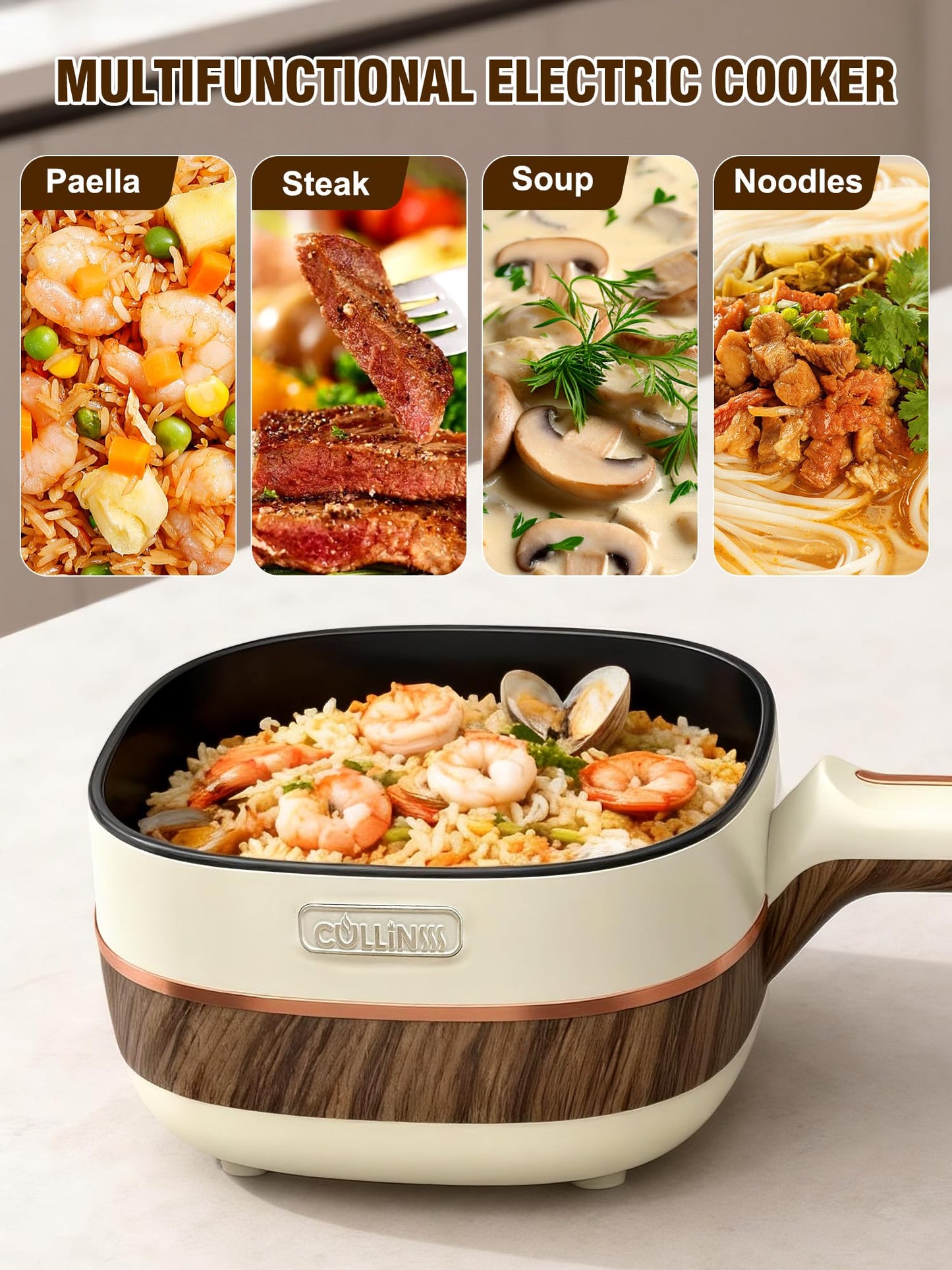 Cullinsss Hot Pot Electric for Cooking 2.5L Non-Stick Portable Cooker Frying Sauté Pan for Ramen Soup Oatmeal Steak Dorm Room Travel Lazy Pot with Power Adjustment