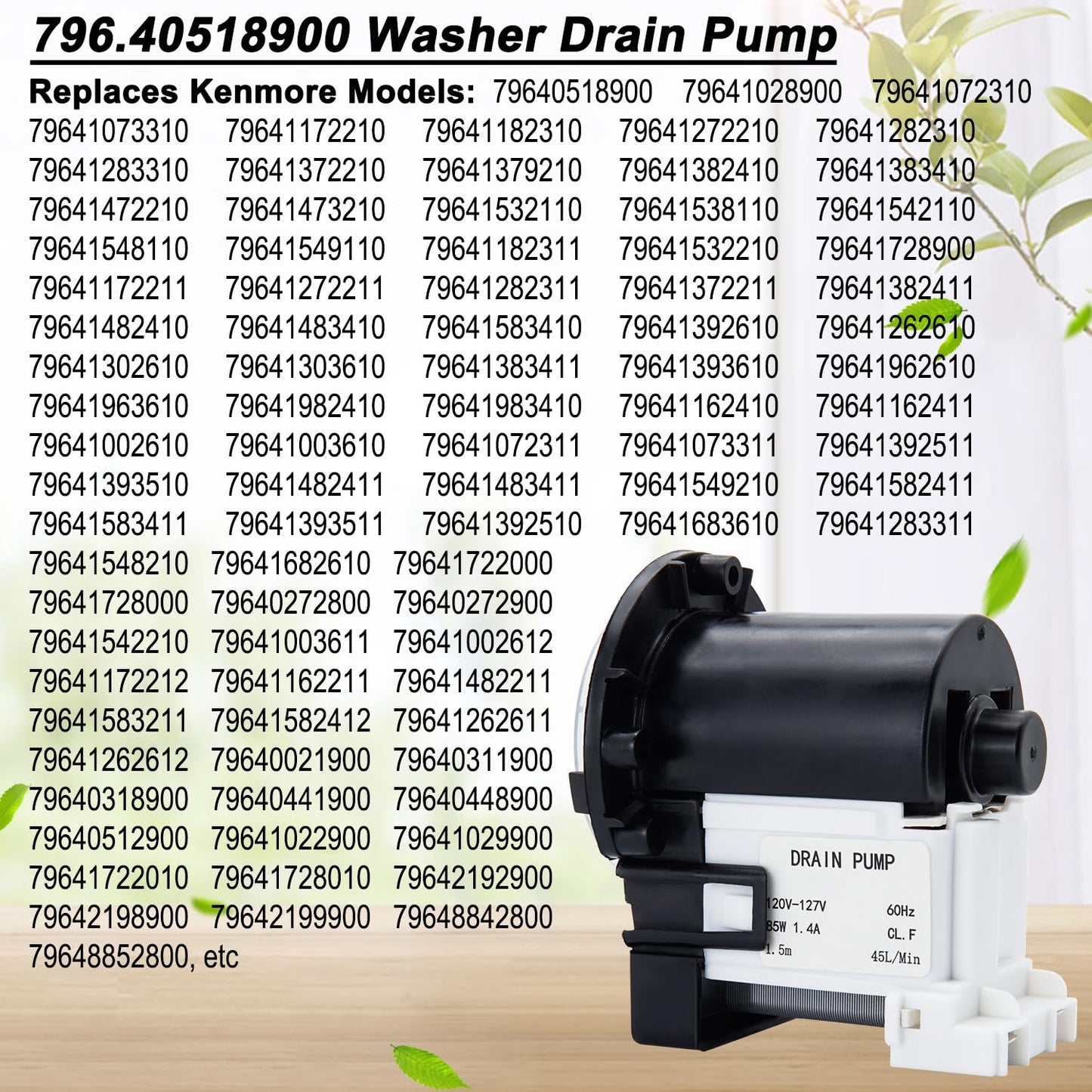 Washer Drain Pump Fit for Kenmore 796.40518900 796.41028900 796.41072310 796.41073310 796.41172210 796.41182310 796.41272210 796.41282310 796.41162410 796.41022900, etc