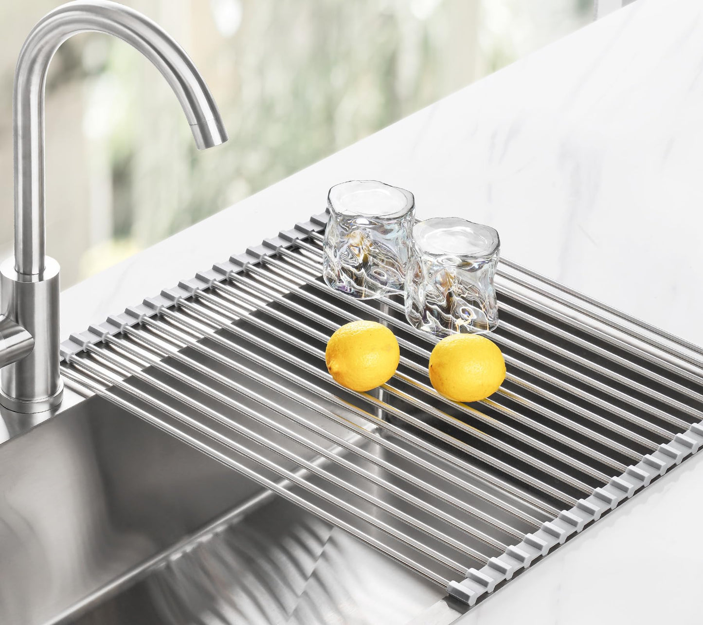 Tomorotec 21" x 15.5" Roll Up Dish Drying Rack Over Sink Drying Rack Sink Cover Kitchen Sink Accessories Gadget Multipurpose Organizer Foldable Stainless Steel Drainer