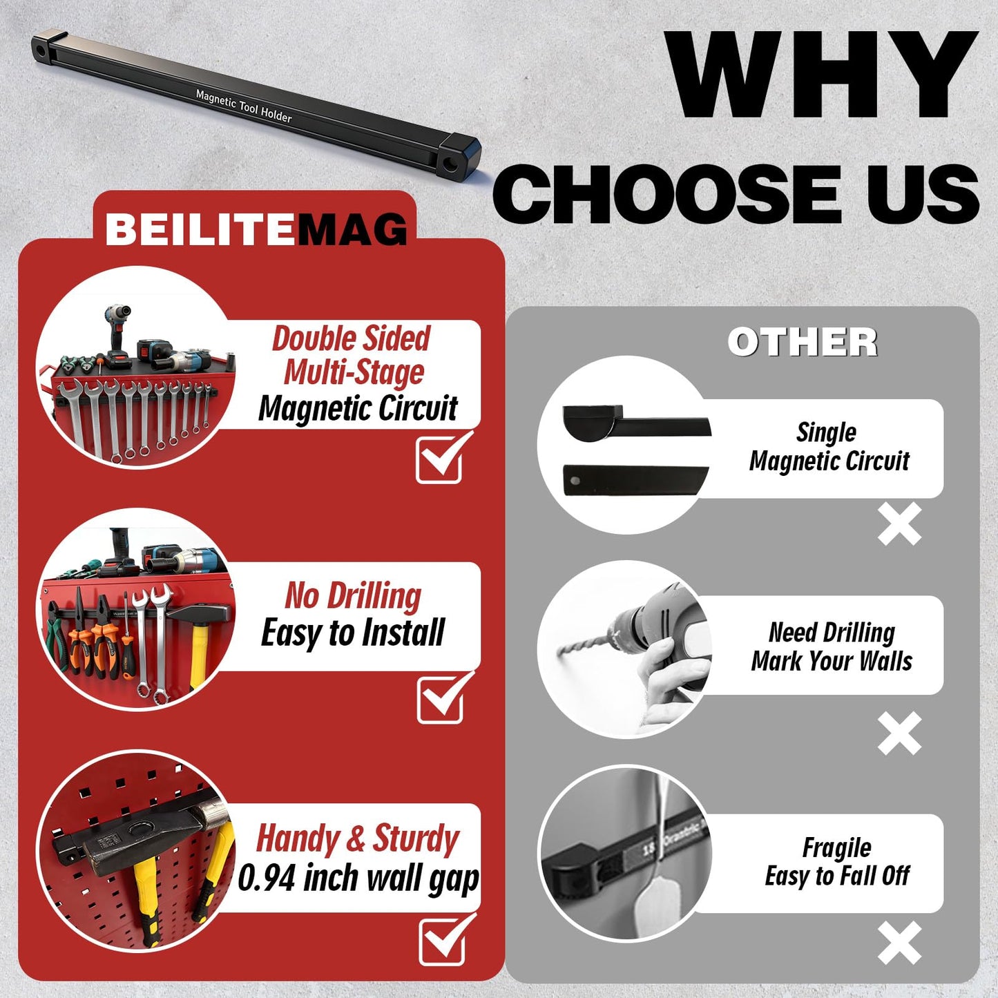 BEILITEMAG 17 Inch Double Sided Magnetic Tool Holder, Heavy Duty Wall Mount Bar with Extra Strong Magnets for Screwdrivers Wrenches Pliers, Magnetic Tool Strips for Garage Workshop or Jobsite (2 Pack)