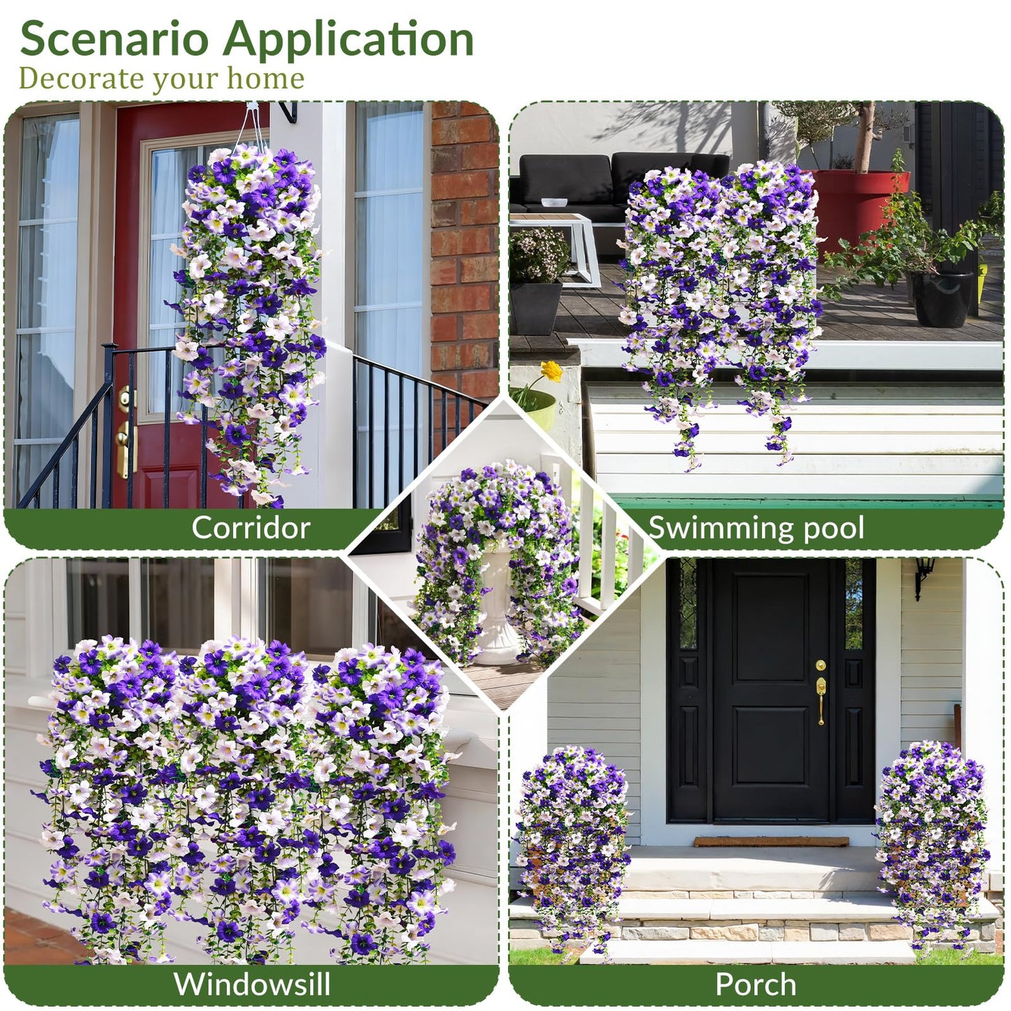Waipfaru Artificial Petunias Flowers for Outdoors, 2 Pcs UV Resistant Fake Hanging Plants Spring Outside Decor, Faux Silk Flowers Long Trailing Vines for Outdoor Planters Porch Garden (Purple White)