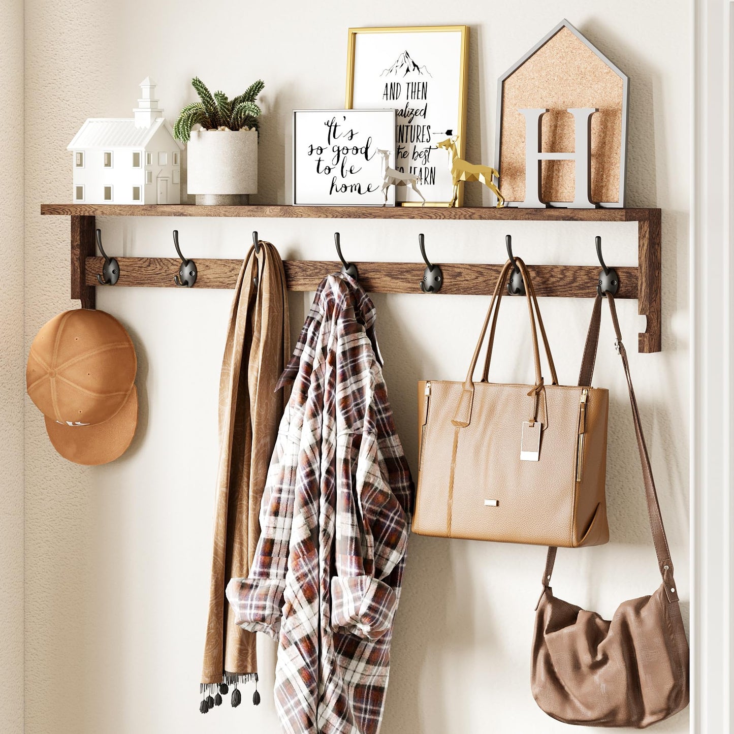 AMBIRD Coat Rack Wall Mount, 35 Inch Extra Long Wall Hooks with Hanging, Wooden Shelf with 7 Metal Hooks 2 Side Hooks, Wall Key Holder with Shelf in Entryway, Kitchen, Bathroom, Living Room, Bedroom