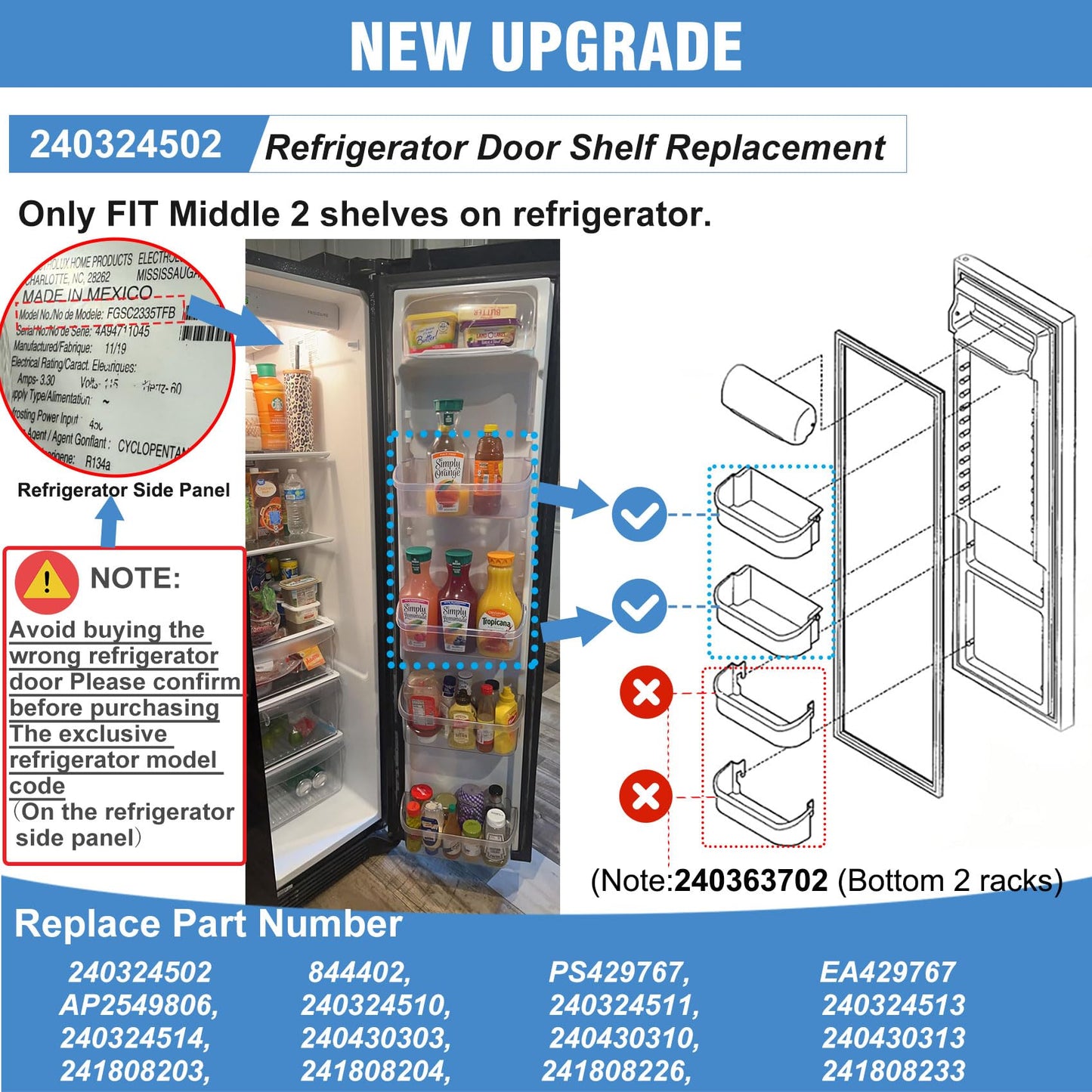 【NEW UPGRADED】 2 Pack 240324502 Refrigerator Door Shelf Bins (Right) for Frigidaire,Kenmore,Crosley Refrigerator Replacement Parts Replaces 240324510,AP2549806,EA429767,PS429767,LFSS2312TF0 Fridge Bin