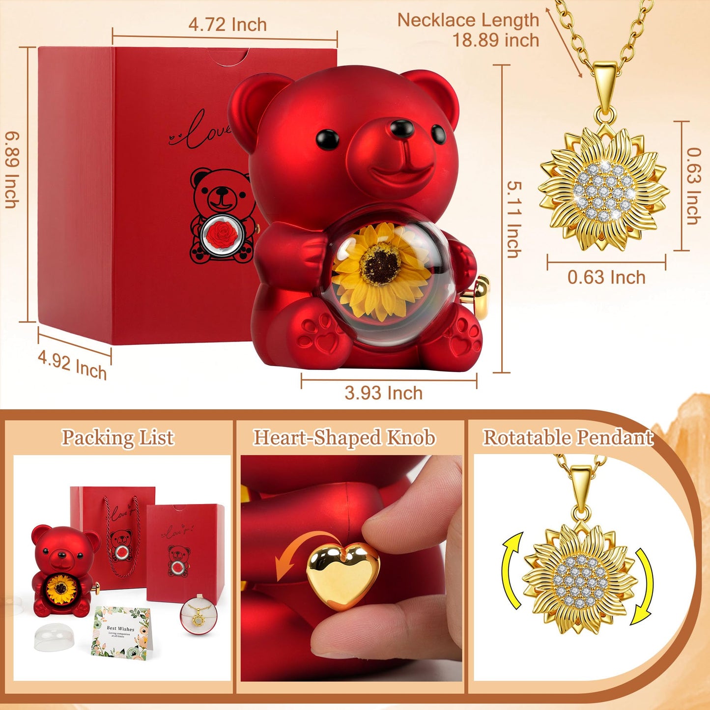 Trinckle Sunflower Necklaces for Women Graduation Gifts for Daughter, Teddy Bear Gifts with Preserved Sunflower, Cute Sunflower Gift Box for Wife Girlfriend Mom as Anniversary Birthday Jewelry