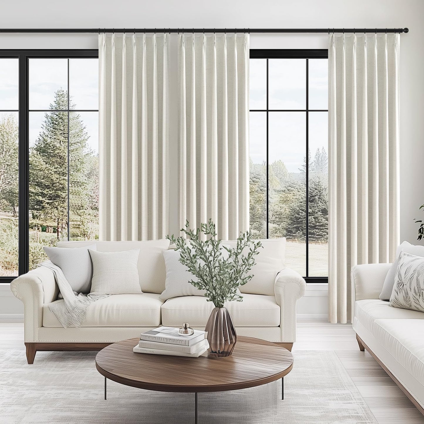 Topfinel 96 Inches Long Pinch Pleated 100% Blackout Curtains,Thermal Insulated Natural Linen Pinch Pleat Viral Drapes with Hooks Rings 2 Panel Sets,Neutral Beige Ivory 8FT Back Tab Window Curtains