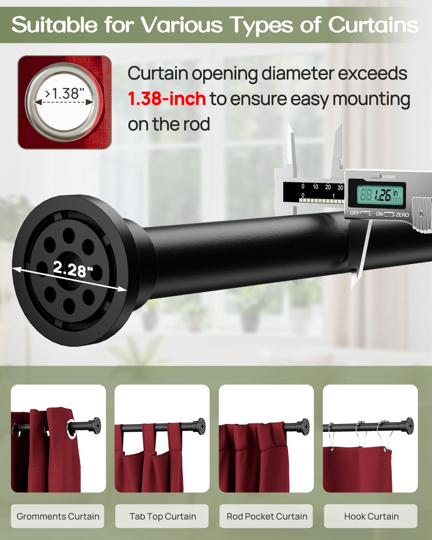 ALLZONE Tension Curtain Rod for Window, 83-123 Inches, Heavy Duty Curtain Rods No Drilling, Non-Slip Bathroom Shower Tension Rod, Renter Friendly, Adjustable, Spring Loaded, Extra Long, Black