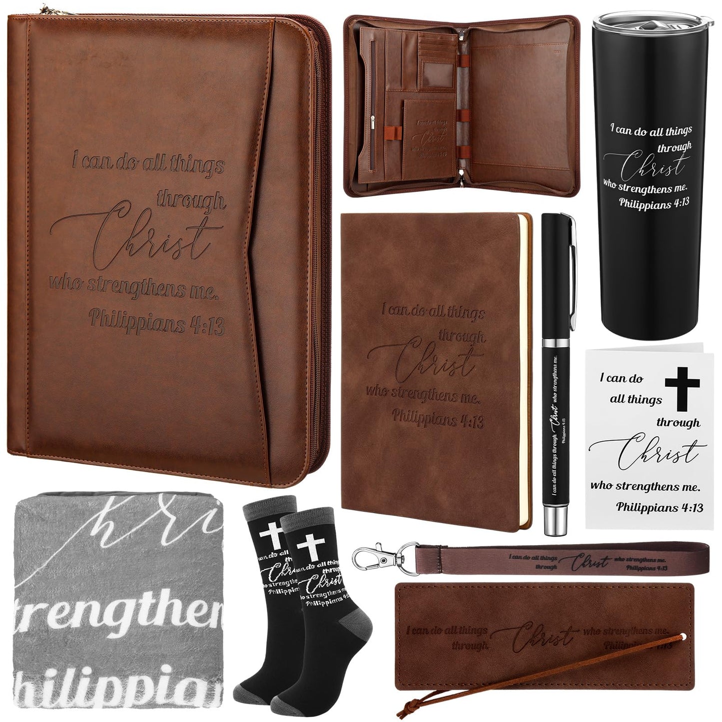 Sieral 8 Pcs Christian Gifts for Men Pastor Appreciation Gifts Leather Portfolio Journal Bible Scripture Keychain Pen Notebook Bookmarks for Fathers Day Dad Husband Grandpa Coworker Church Birthday