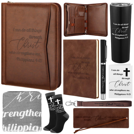 Sieral 8 Pcs Christian Gifts for Men Pastor Appreciation Gifts Leather Portfolio Journal Bible Scripture Keychain Pen Notebook Bookmarks for Fathers Day Dad Husband Grandpa Coworker Church Birthday