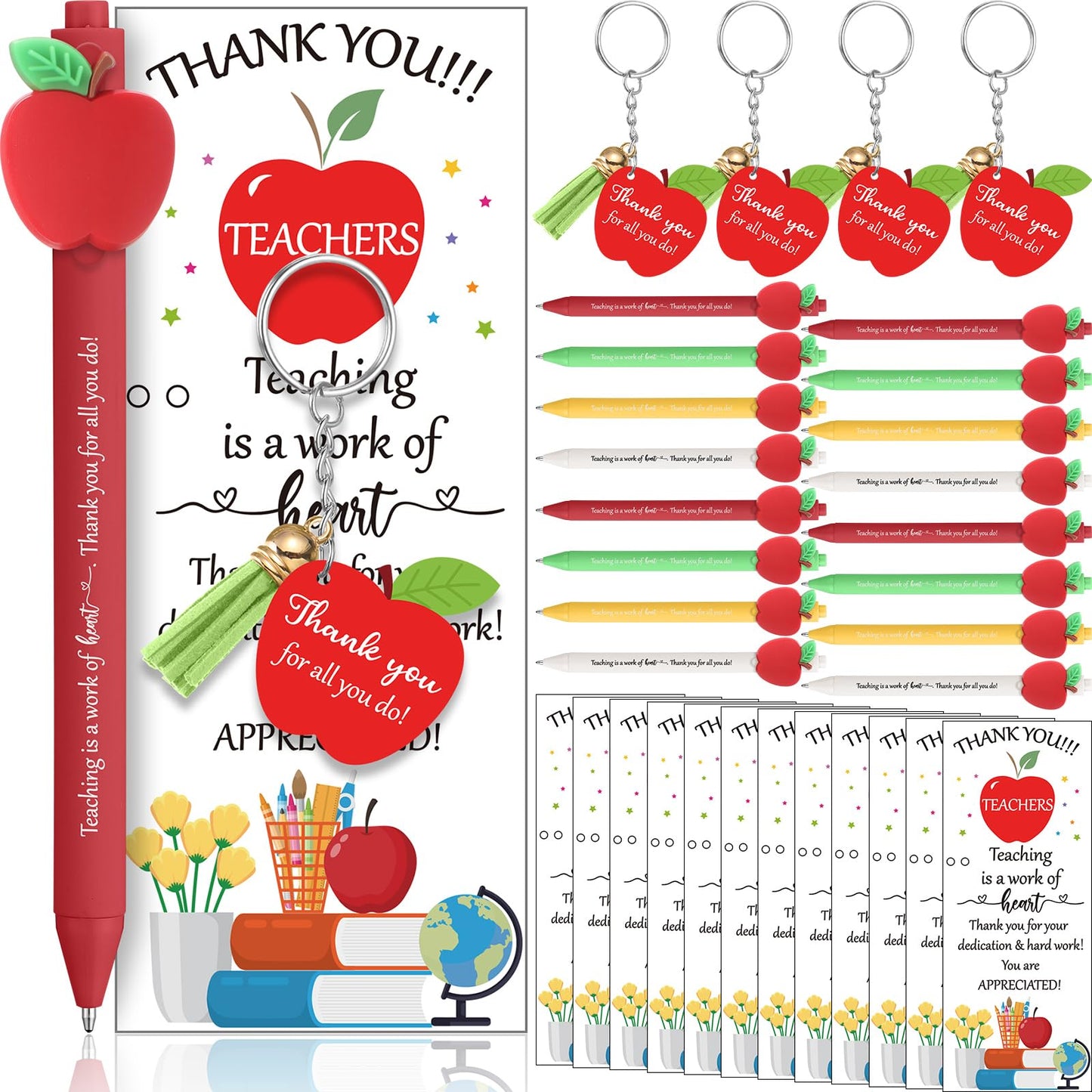Kosiz 24 Sets Teacher Appreciation Gifts Bulk for Women Men Include Retractable Ballpoint Pens Thank You Keychain End of Year Gifts Greeting Card with Ties(Apple)