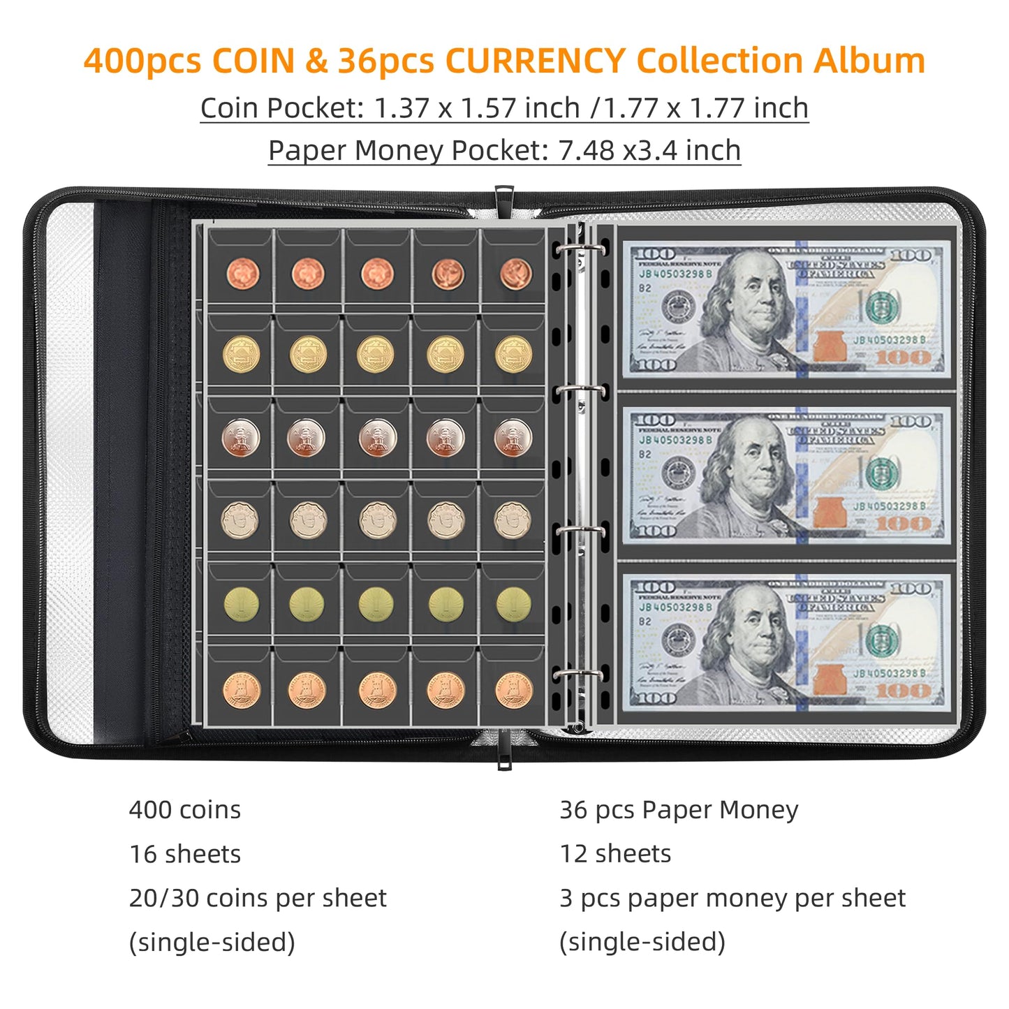 5200℉ Coin Collection Album with Lock, 400 Pockets Fireproof Coin Book & 36 Paper Currency Binder Sleeves, Coin Holder with Aluminum Foil Lining, Collecting Organizer for Pennies,Bill,Stamps,Badges
